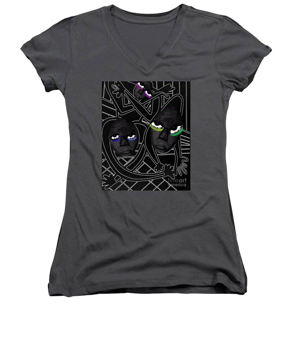 Figurative Women's V-Neck featuring the mixed media Eyes and Shadows by Cleaster Cotton
