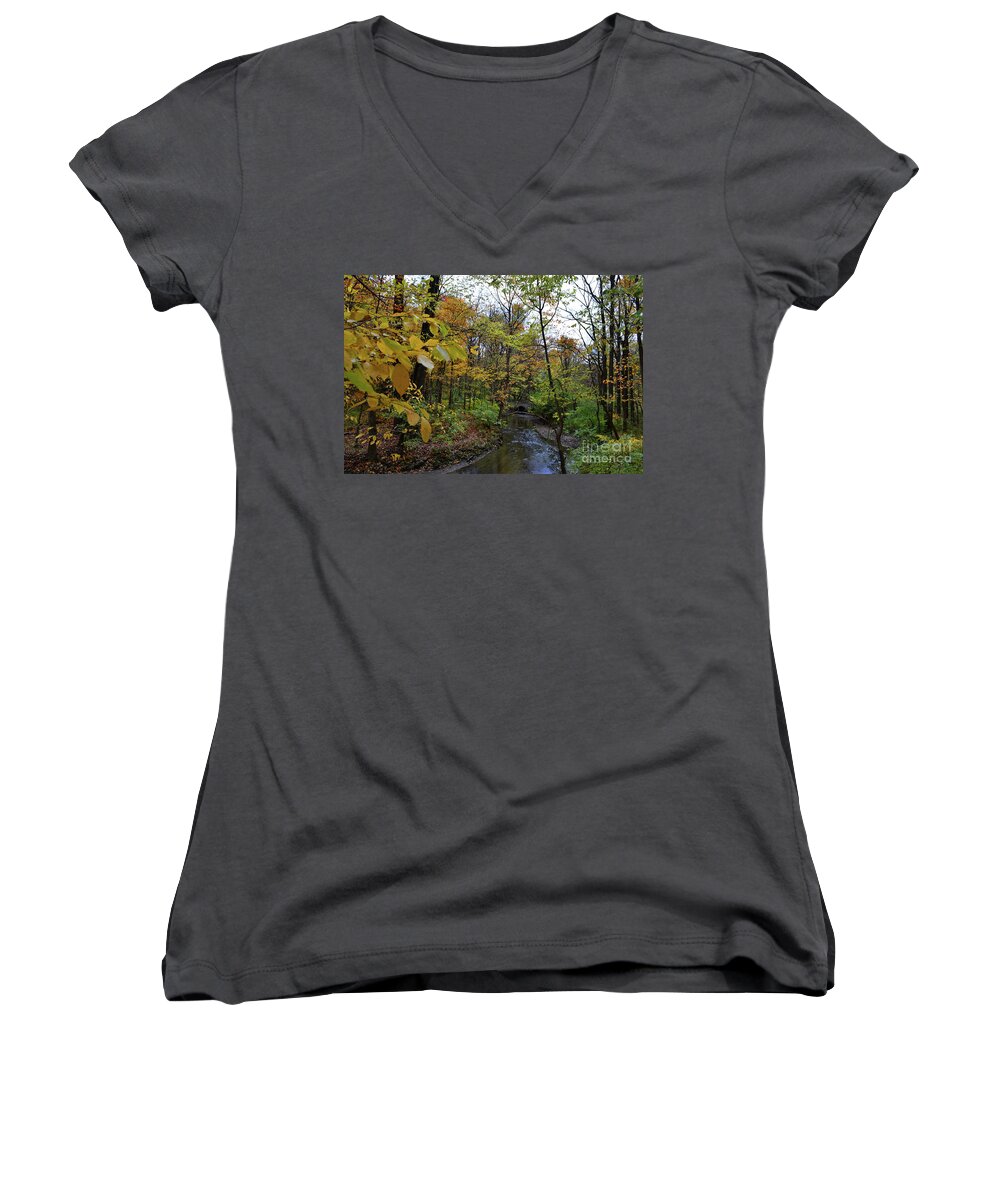 Bridge Women's V-Neck featuring the photograph Fall at Cool Creek Bridge by Amy Lucid