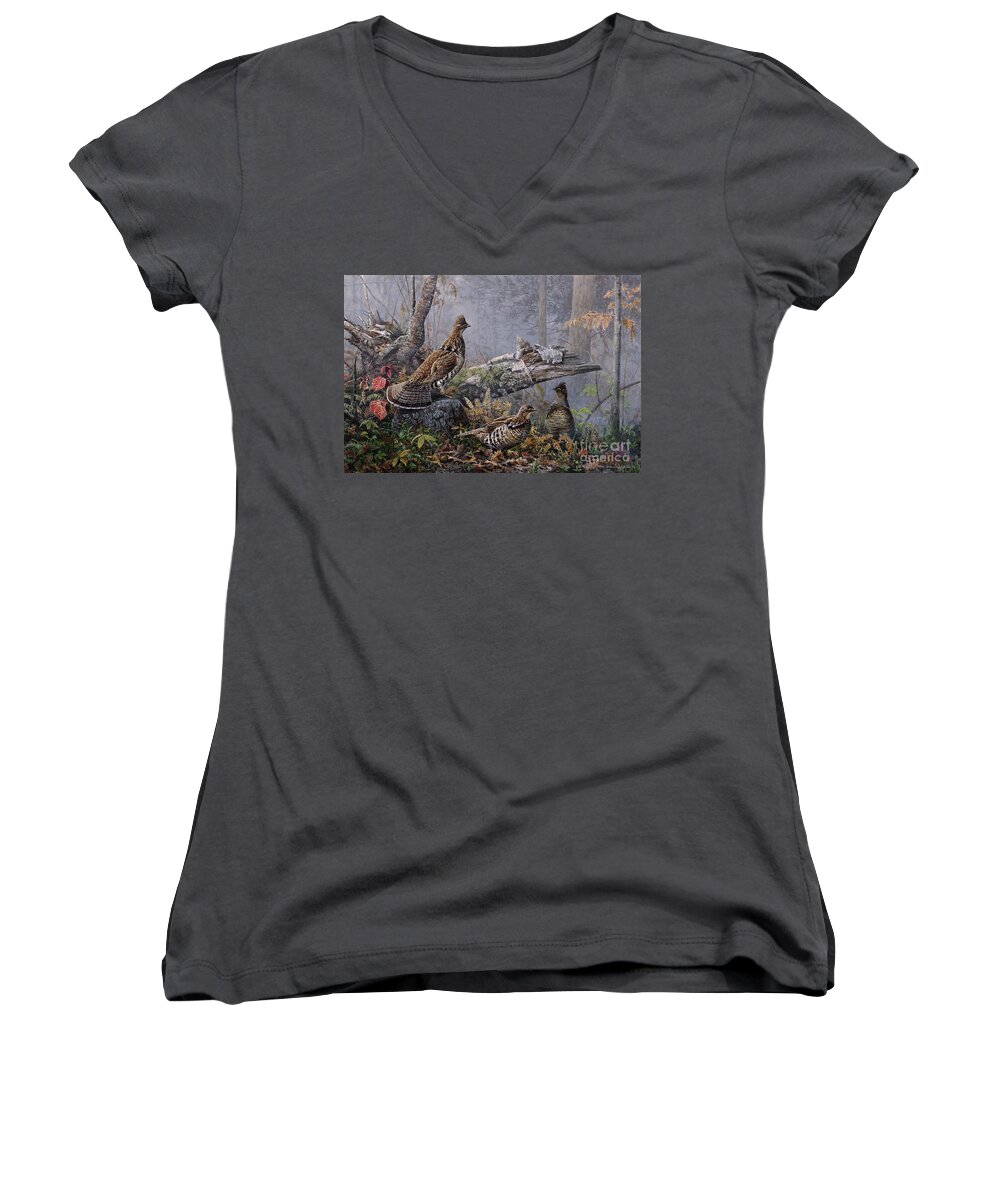 Scott Zoellick Women's V-Neck featuring the painting Fall Gathering Roughed Grouse by Scott Zoellick