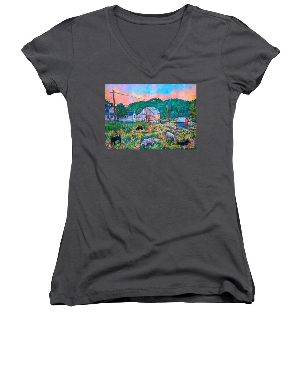 Landscape Women's V-Neck featuring the painting Farm Near Fancy Gap by Kendall Kessler