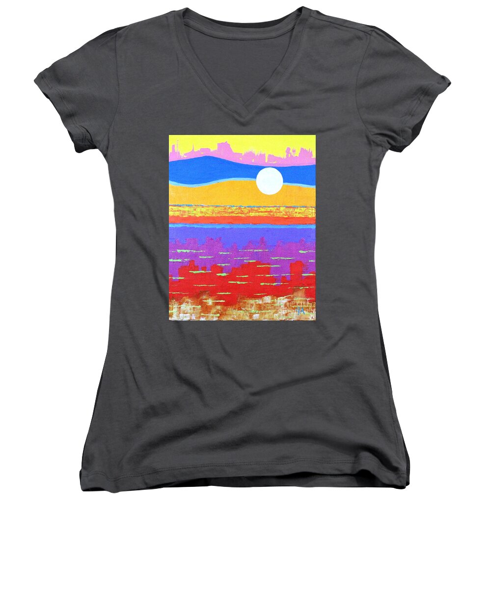 Abstract Women's V-Neck featuring the painting Fauvist Sunset by Jeremy Aiyadurai