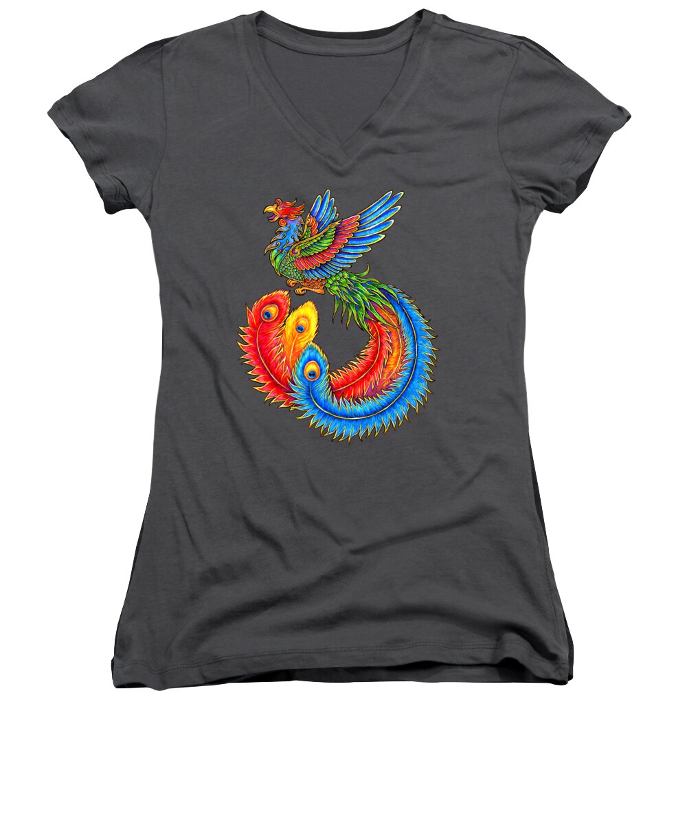 Chinese Phoenix Women's V-Neck featuring the painting Fenghuang Chinese Phoenix by Rebecca Wang