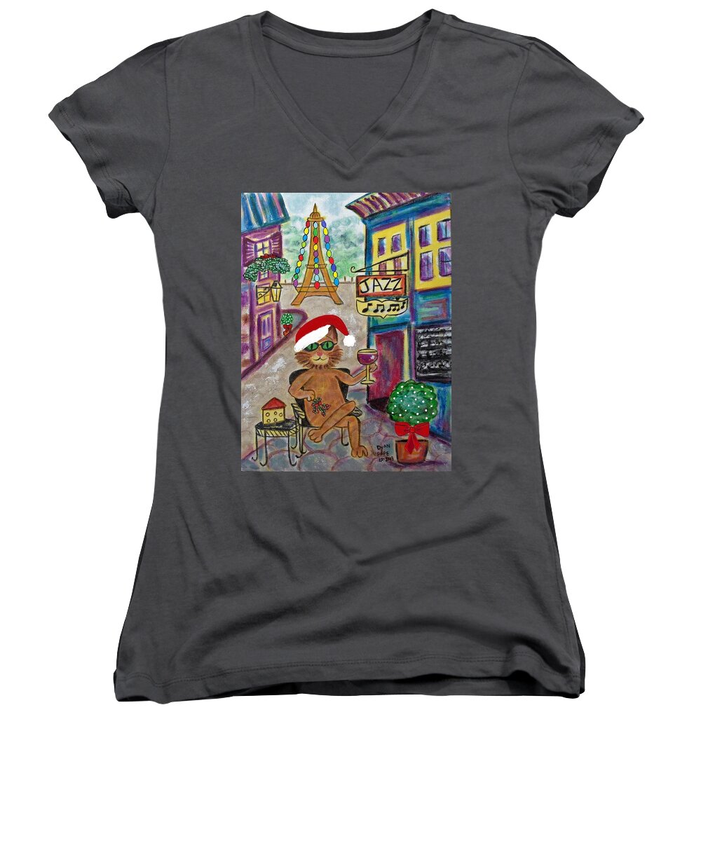 Christmas Design Women's V-Neck featuring the painting Festive Feline Wine by Diane Pape