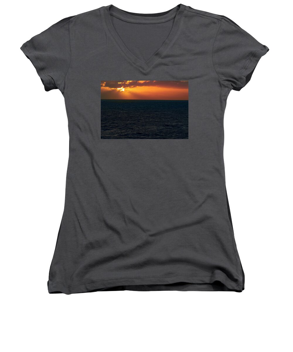 Water; Sunset; Ocean; Travel; Color Women's V-Neck featuring the photograph Fiery Sunset by AE Jones