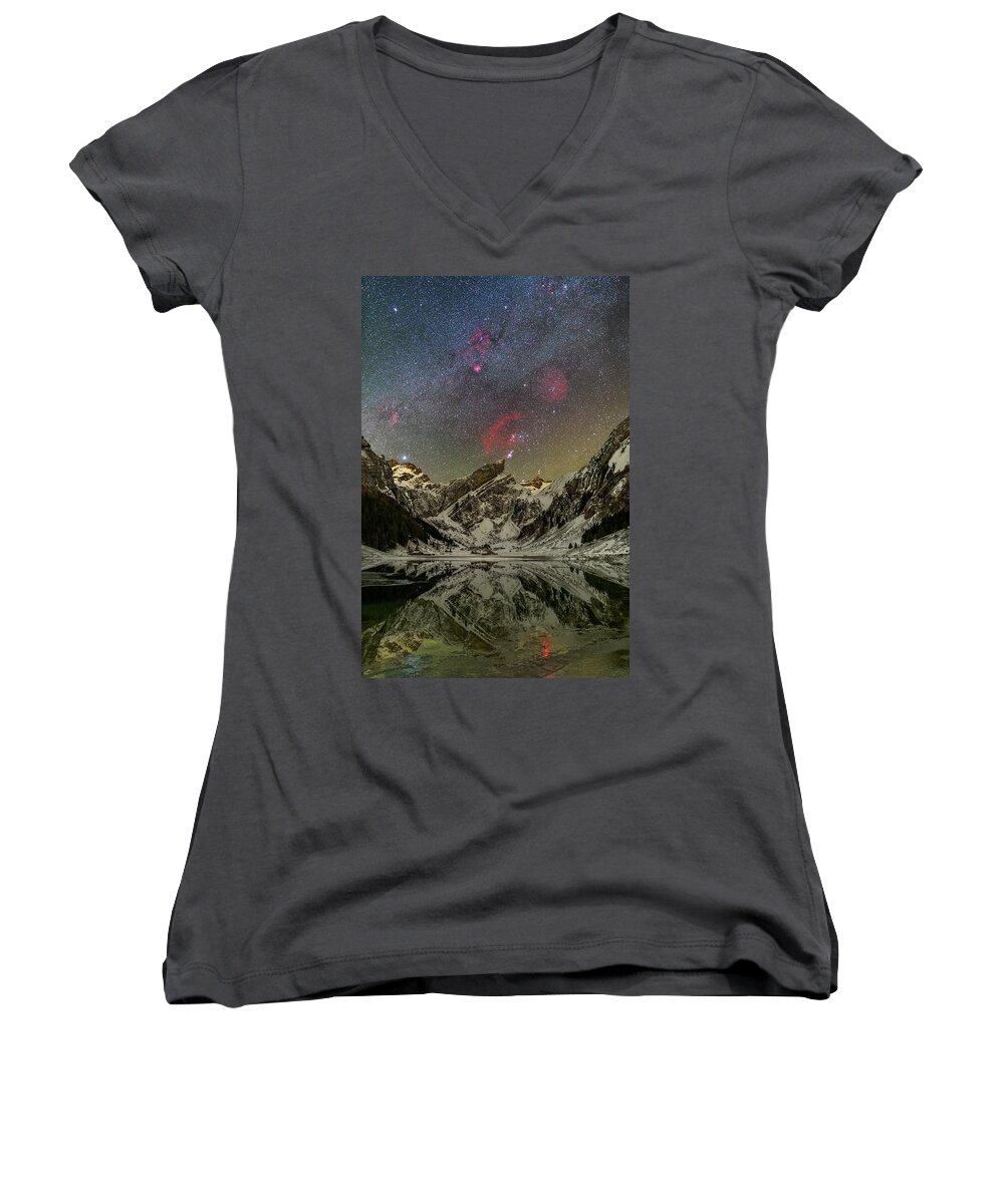 Mountains Women's V-Neck featuring the photograph Fire and Ice by Ralf Rohner