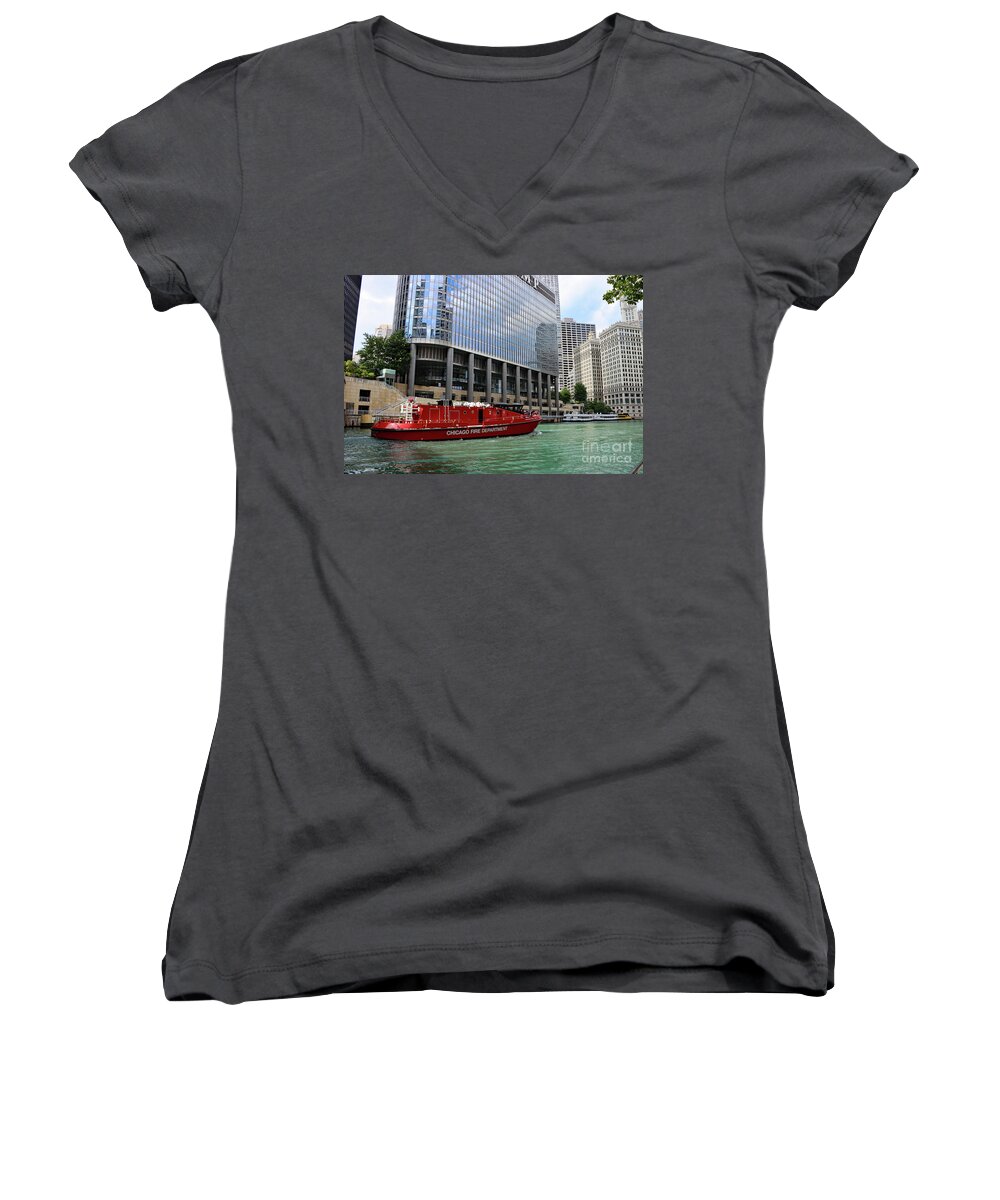 Fireboat Women's V-Neck featuring the photograph Fire Department Boat On Chicago River by Christiane Schulze Art And Photography