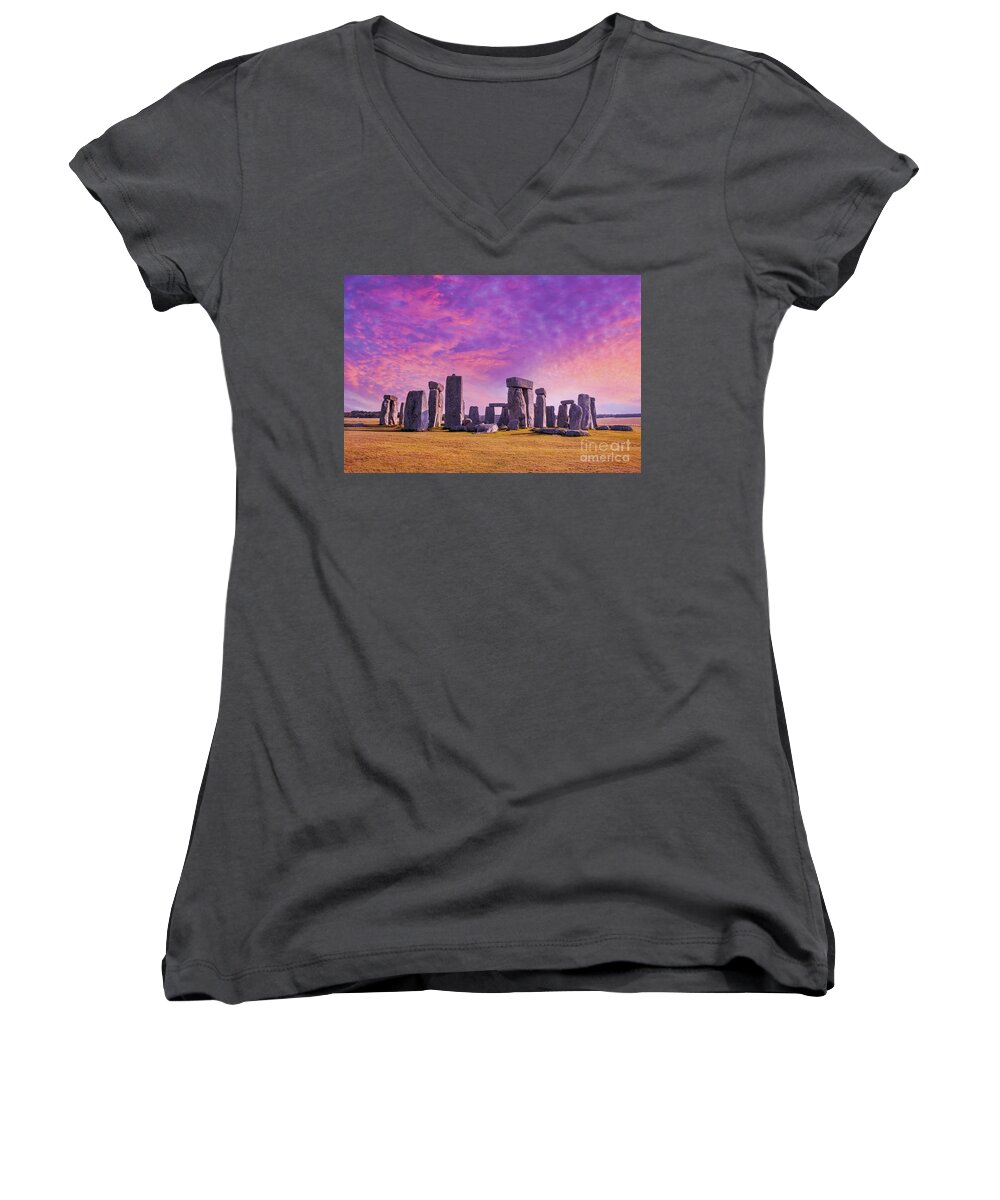 Standing Rocks Women's V-Neck featuring the photograph Fire in the Sky over Stonehenge by Susan Vineyard