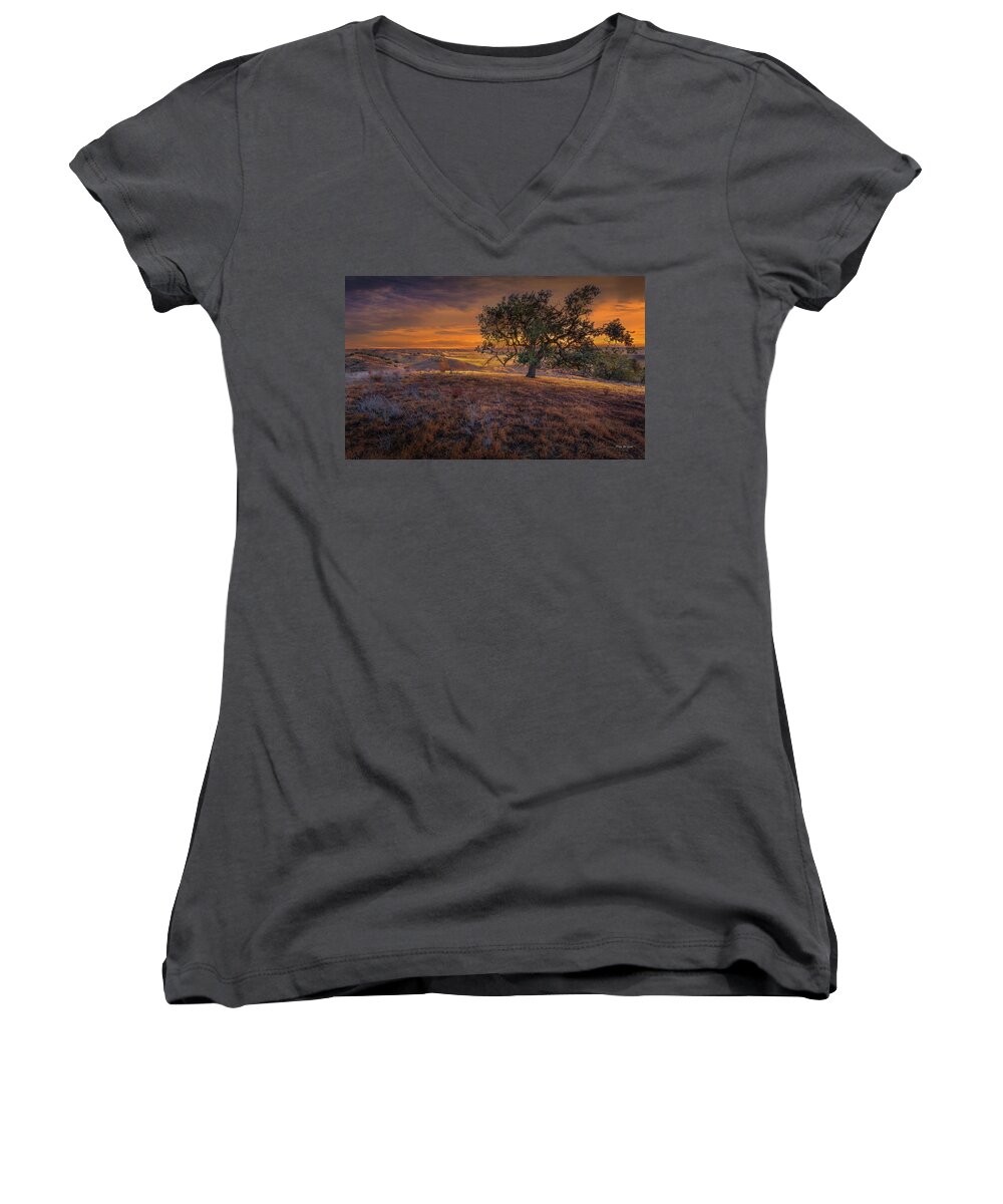 Dramatic Women's V-Neck featuring the photograph First Light on the Canyon Ranch by Tim Bryan