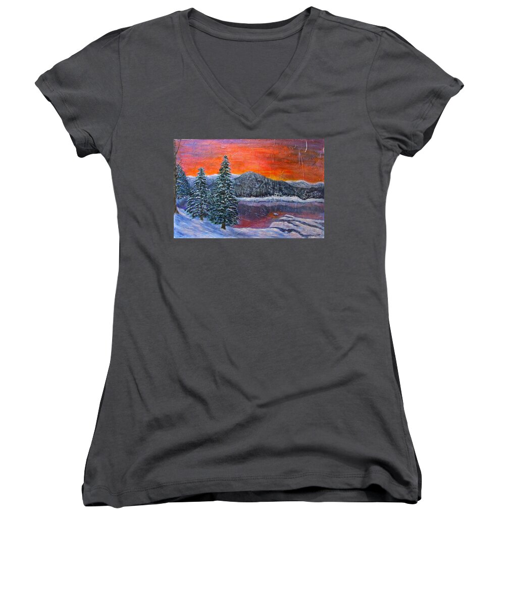 Snow Women's V-Neck featuring the painting First Snow by Sandy Hemmer