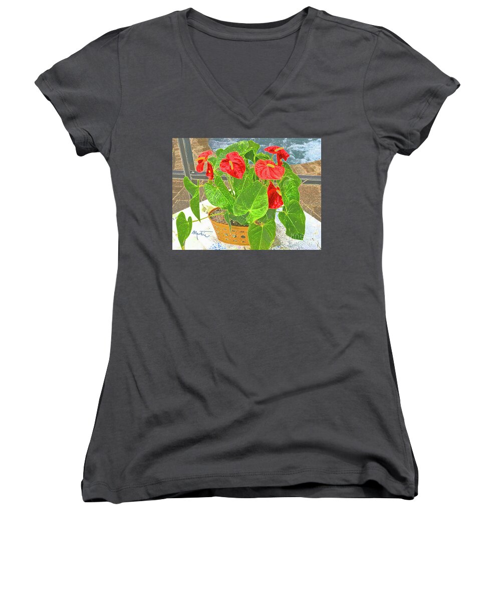 Tropical Plant Women's V-Neck featuring the digital art Flamingo Tail Flower by Art Mantia