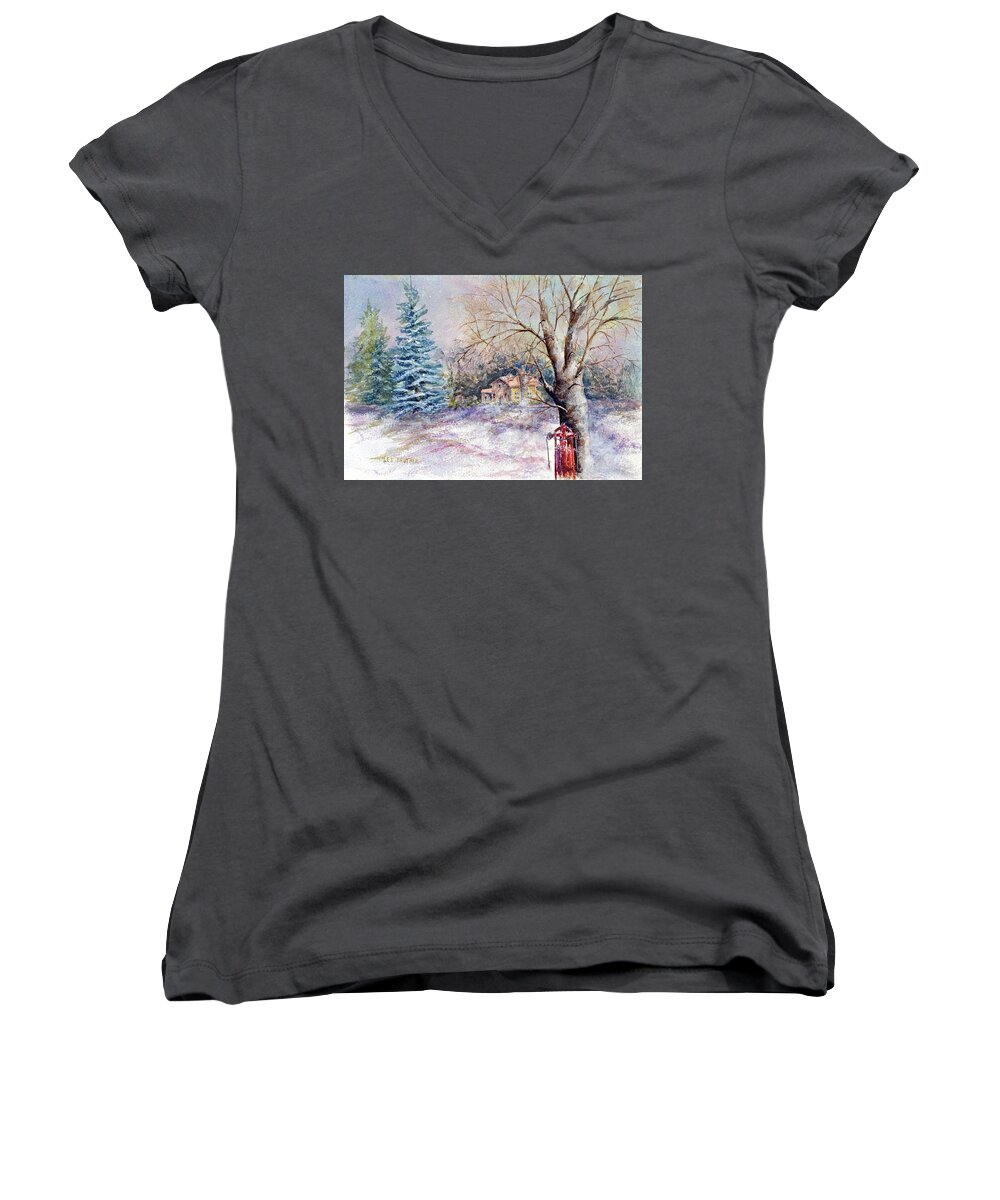Landscapes Women's V-Neck featuring the painting Flexible Flyer by Lee Beuther