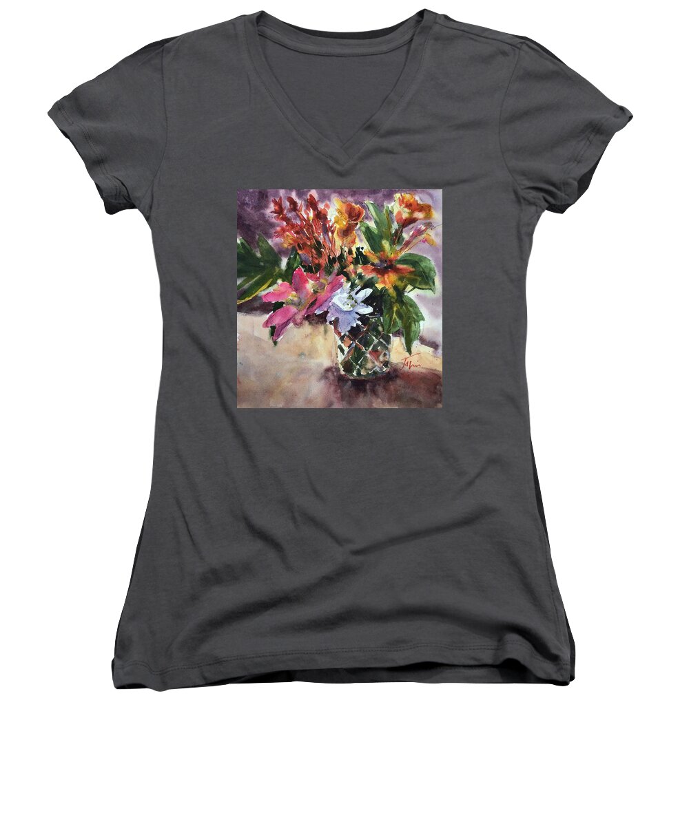 Floral Women's V-Neck featuring the painting Floral 1 by Judith Levins