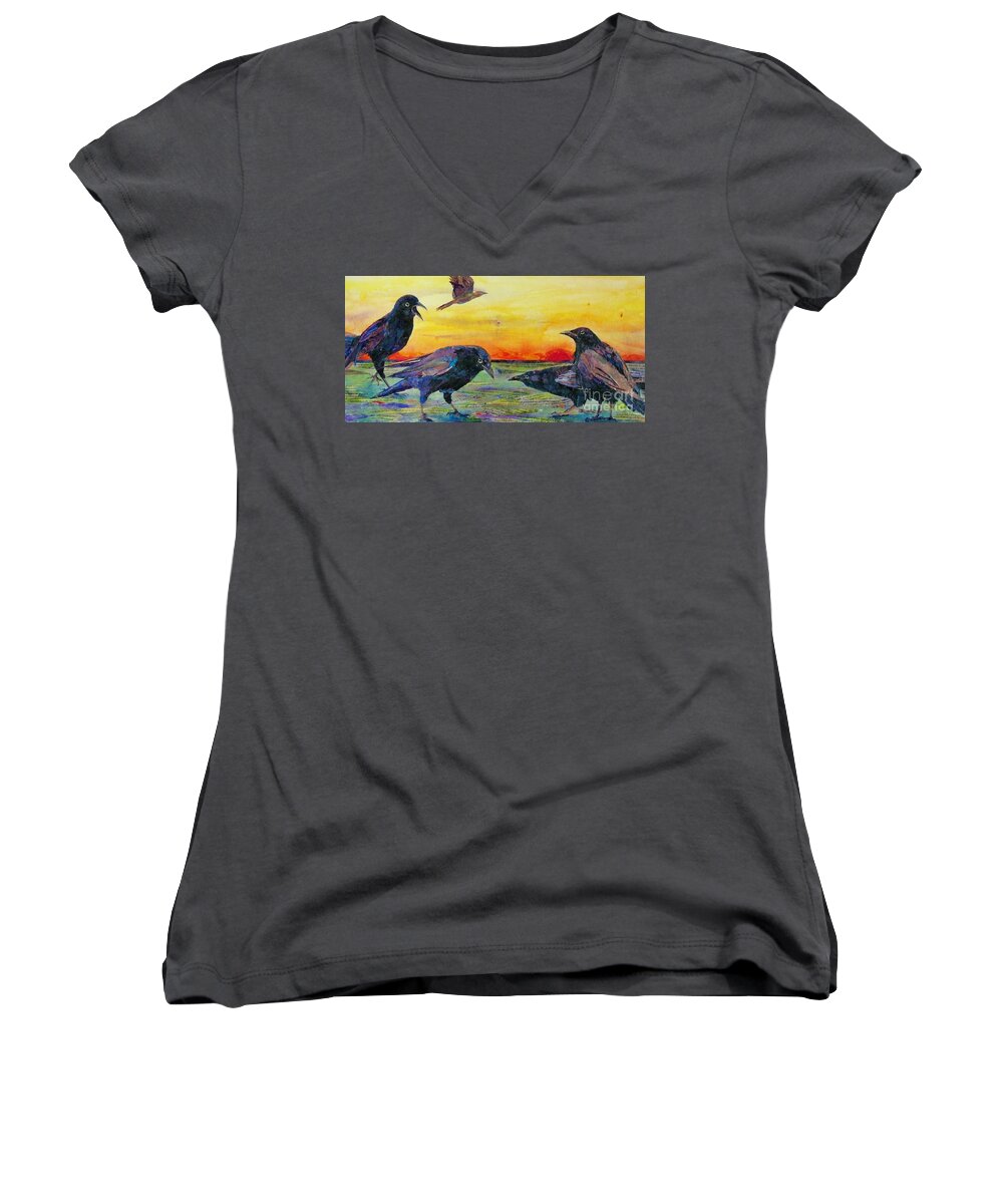 Crows Women's V-Neck featuring the mixed media Frenemies by Patricia Henderson