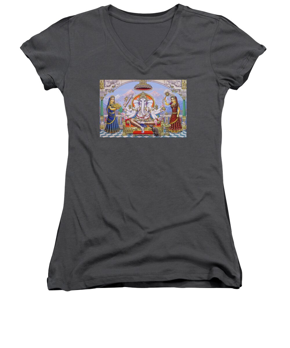 Ganesha Women's V-Neck featuring the painting Ganapati with Siddhi and Buddhi by Vrindavan Das