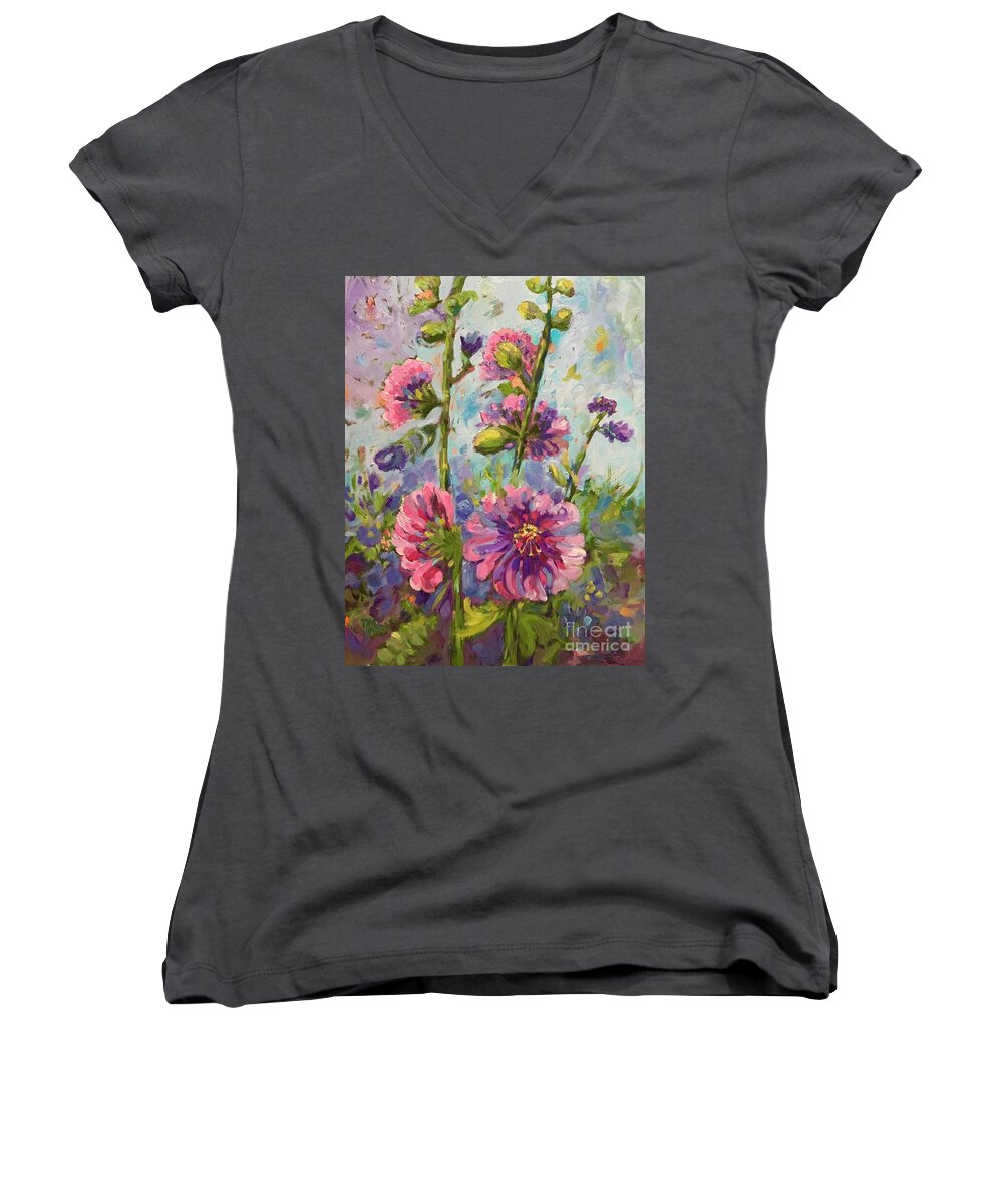 Pink Women's V-Neck featuring the painting Garden Delights by Patsy Walton