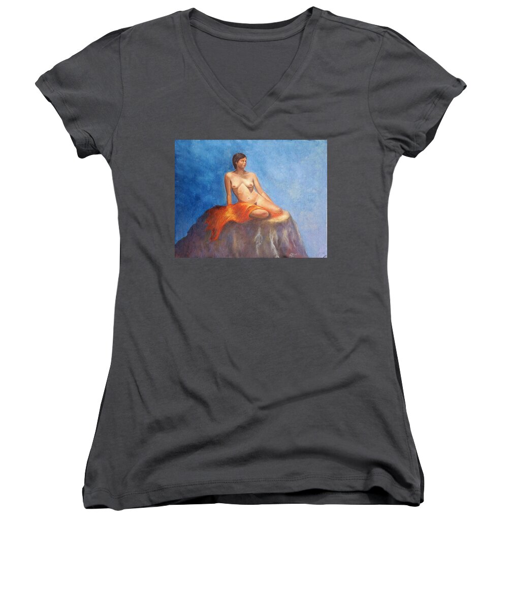 Nude Sensual Women's V-Neck featuring the painting Girl on fire by Lynn Buettner