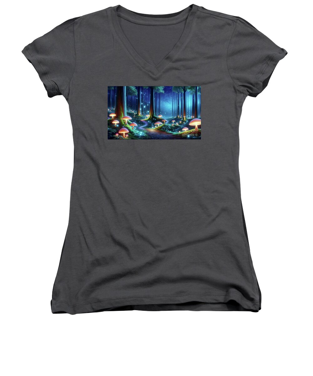 Enchanted Forest Women's V-Neck featuring the digital art Glowing mushrooms illuminate the forest by Odon Czintos