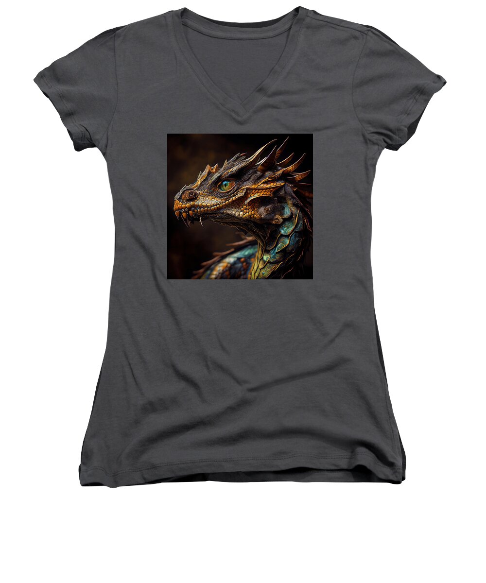 Dragons Women's V-Neck featuring the digital art Gold Emerald Dragon from - Imagine There are Dragons Collection by Lily Malor