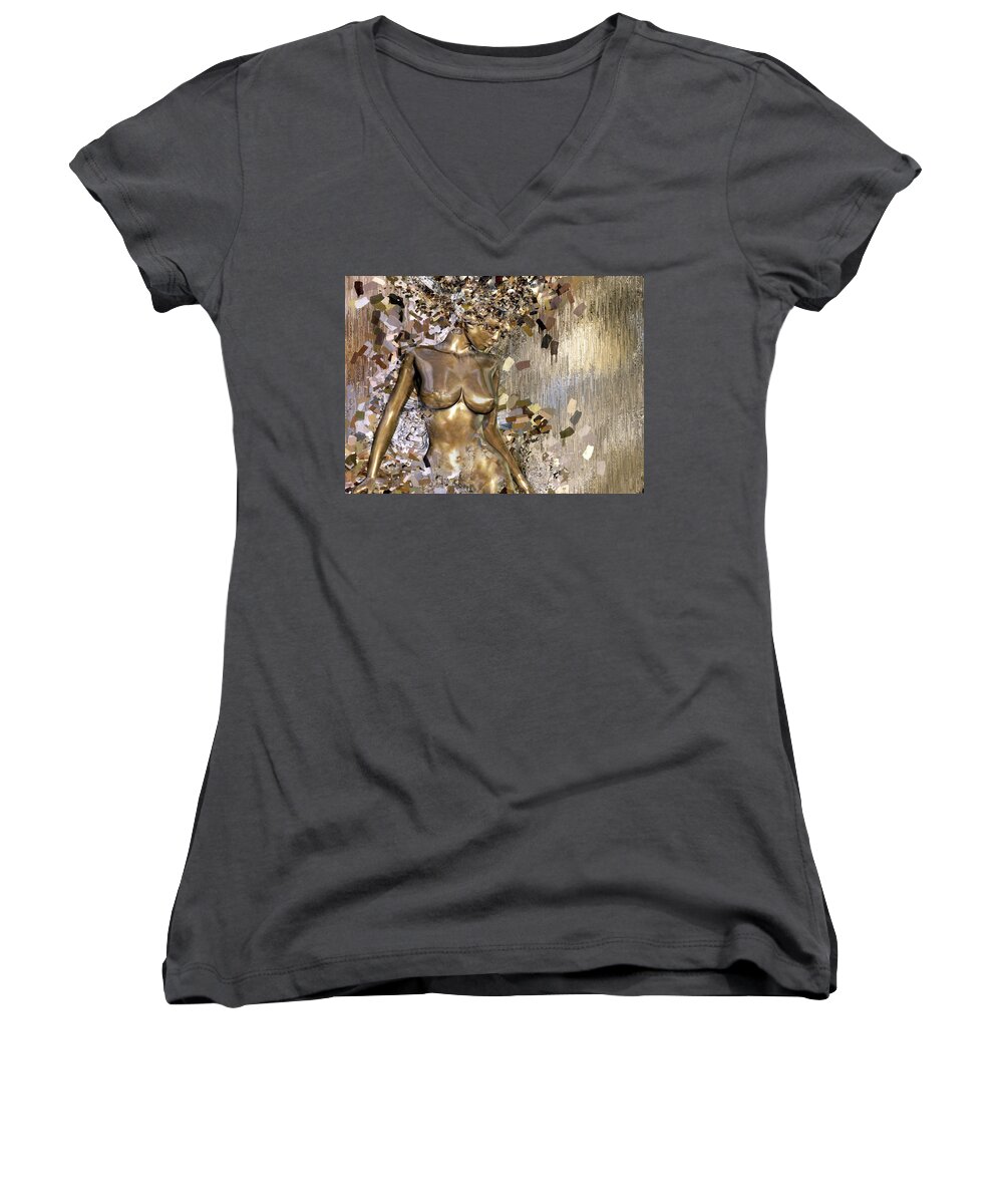 Abstract Women's V-Neck featuring the mixed media Gold by Jacky Gerritsen