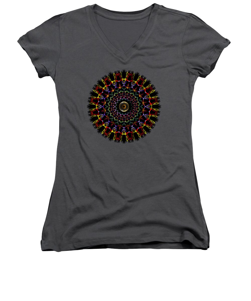 Golden Women's V-Neck featuring the mixed media Golden Faces Mandala by Movie Poster Prints