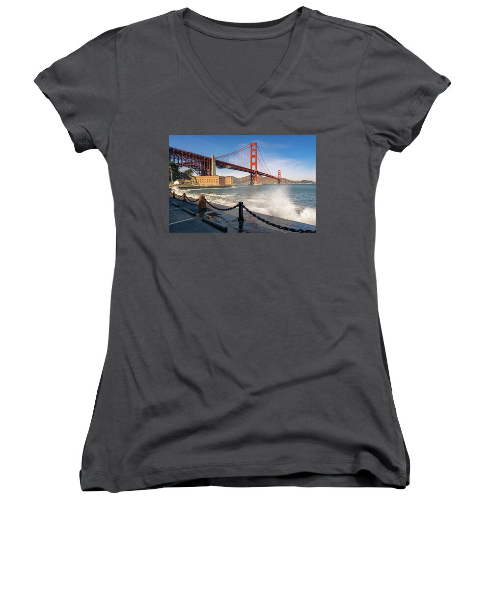 Bridge Women's V-Neck featuring the photograph Golden Gate Splash by Laura Macky
