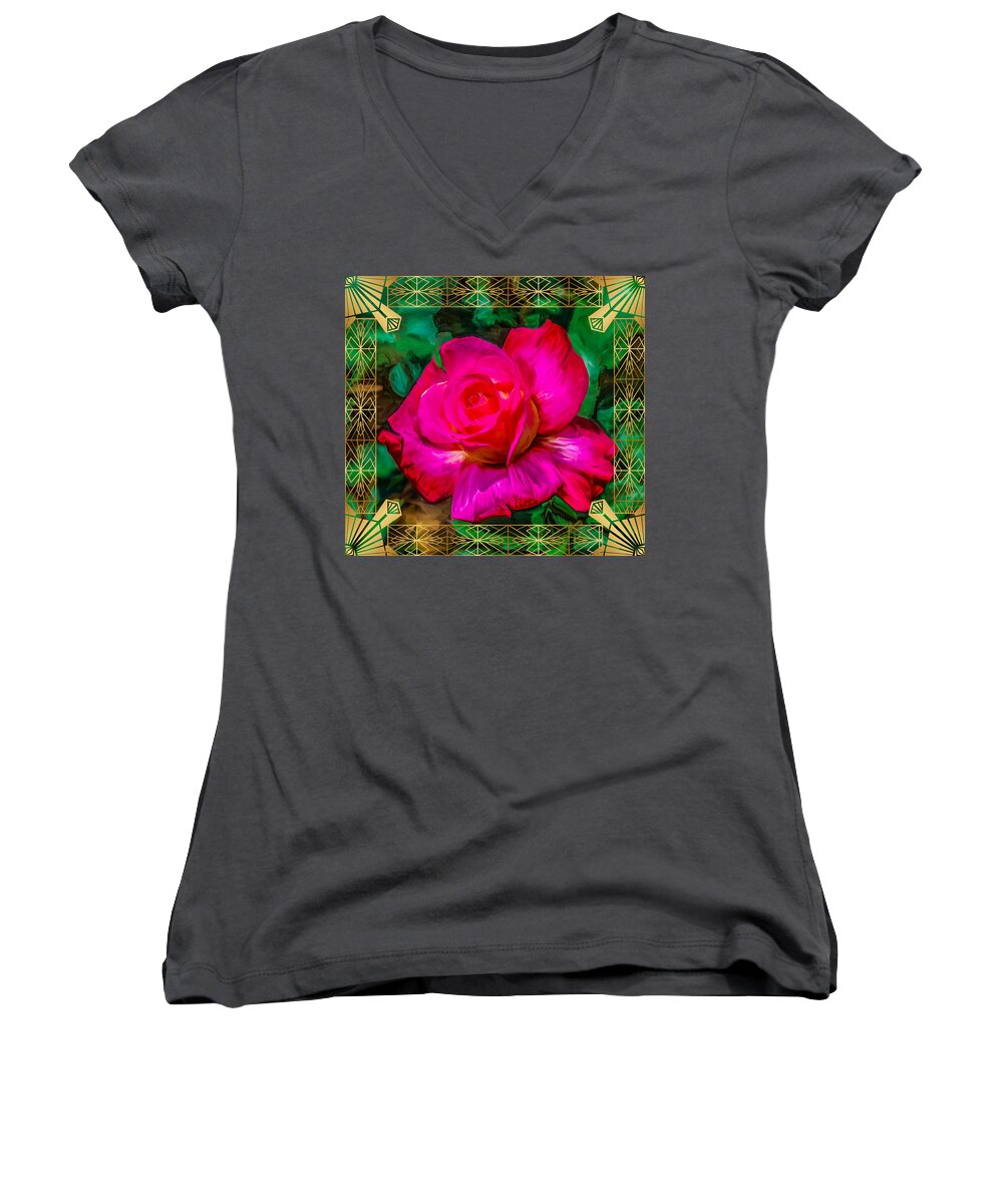 Golden Red Rose Women's V-Neck featuring the digital art Golden Red Rose by Don Wright