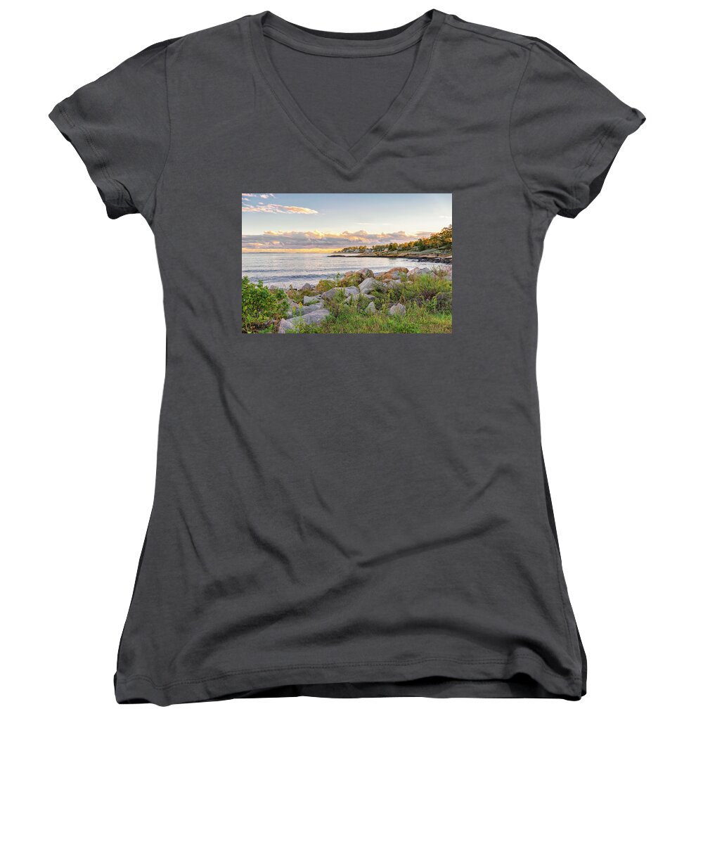 Atlantic Ocean Women's V-Neck featuring the photograph Golden Sunlight at Rocky Neck by Marianne Campolongo