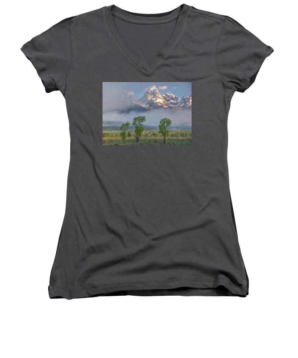 Tetons Women's V-Neck featuring the photograph Good Morning Tetons by Darren White