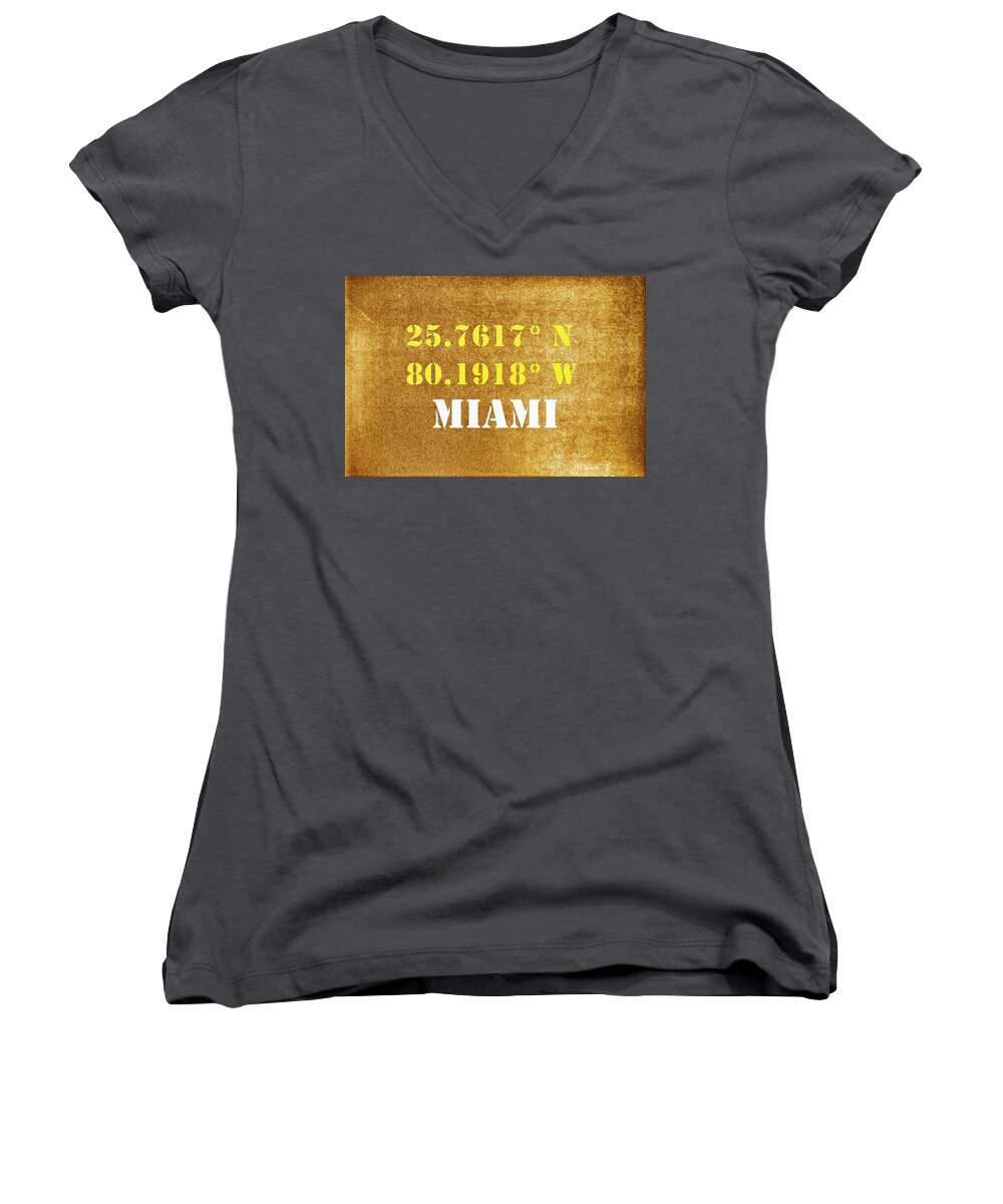 Miami Women's V-Neck featuring the mixed media GPS Miami Florida Typography by Joseph S Giacalone