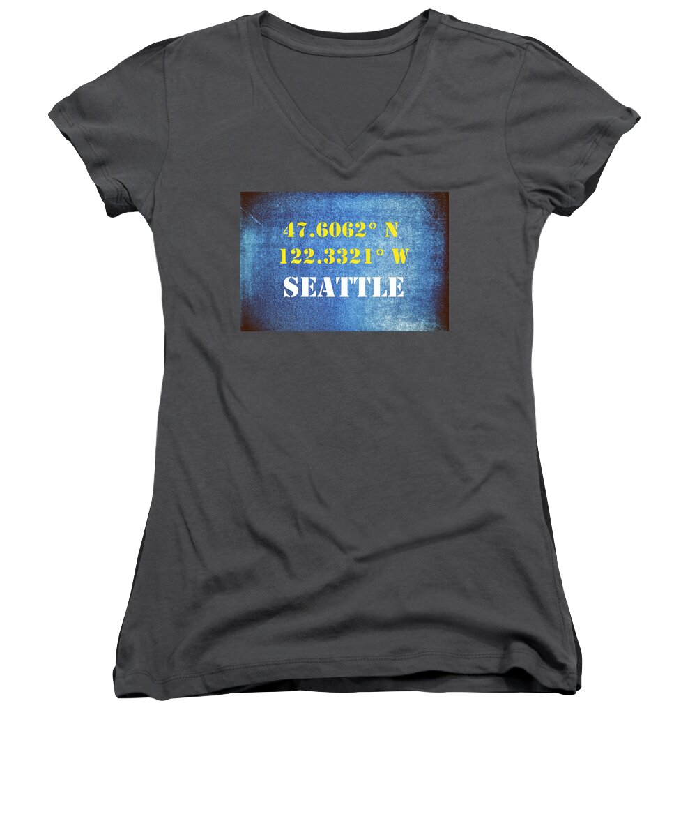 Seattle Women's V-Neck featuring the mixed media GPS Seattle Washington Typography by Joseph S Giacalone