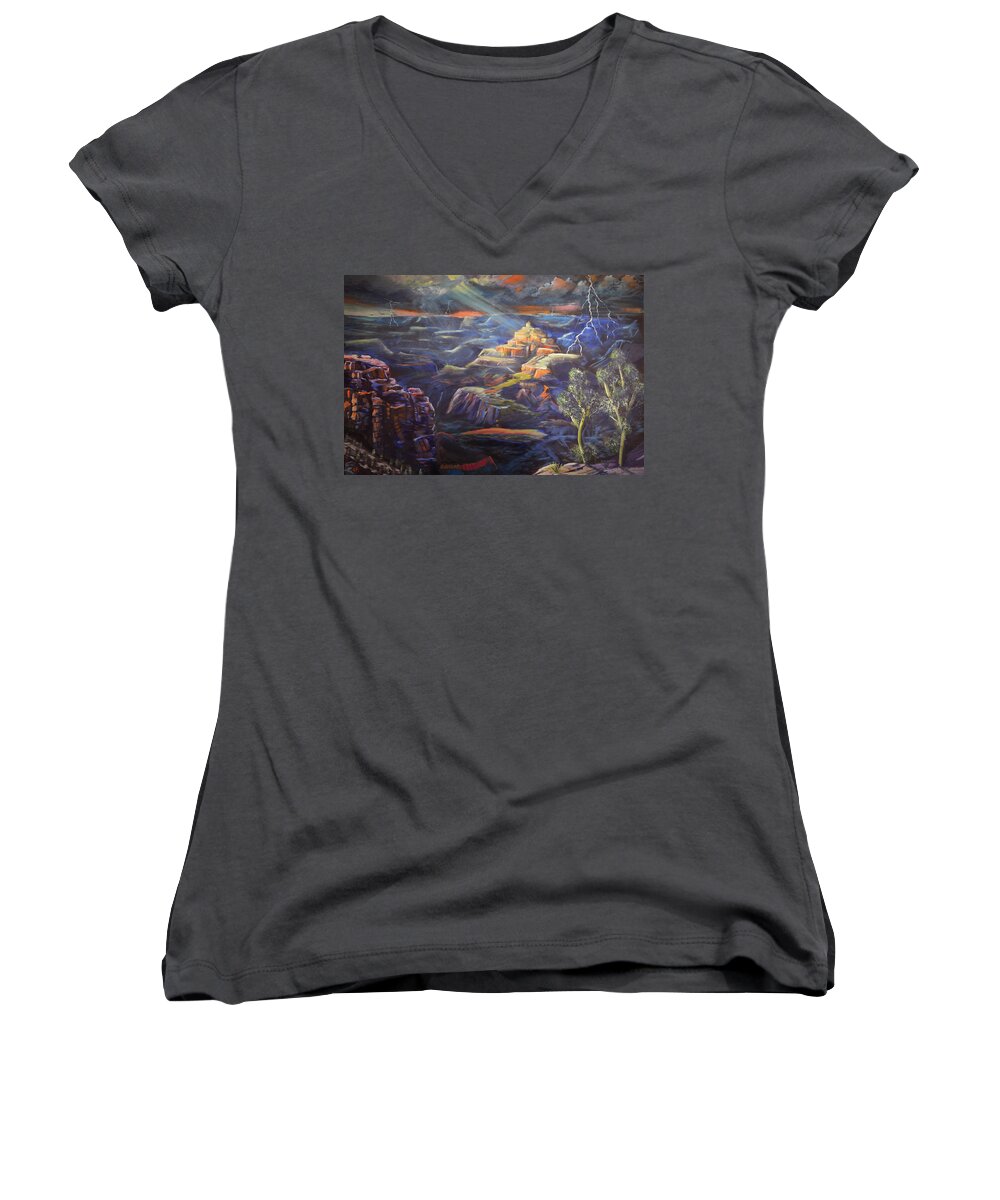 Grand Canyon Women's V-Neck featuring the painting Grand Canyon Storm by Chance Kafka