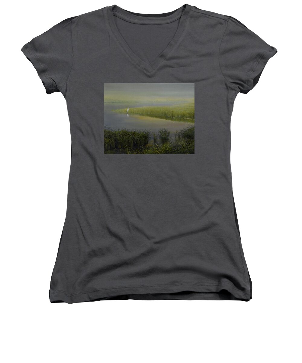 Nature Women's V-Neck featuring the painting Great Egret by Charles Owens