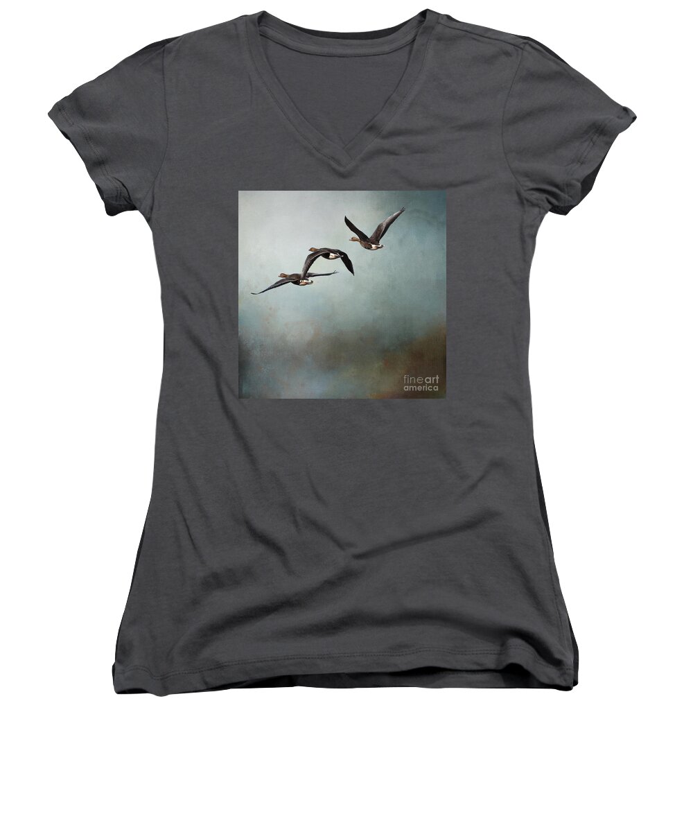 Geese Women's V-Neck featuring the photograph Greater White-Fronted Geese In Flight by Eva Lechner