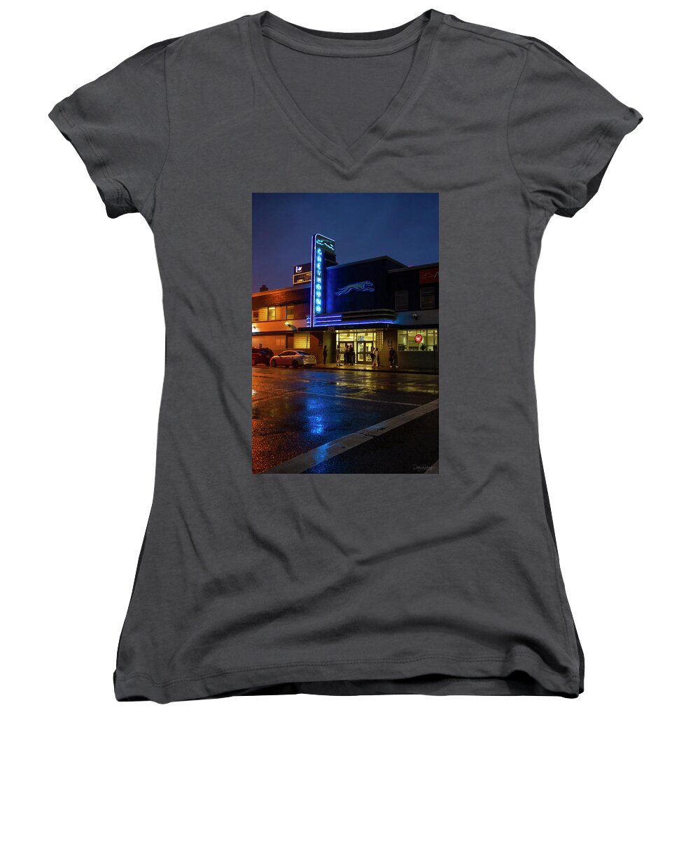 Dallas Women's V-Neck featuring the photograph Greyhound Blue by Debby Richards