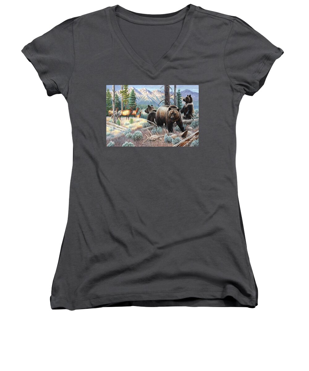 Cynthie Fisher Women's V-Neck featuring the painting Grizzly Bear Family And Elk by Cynthie Fisher