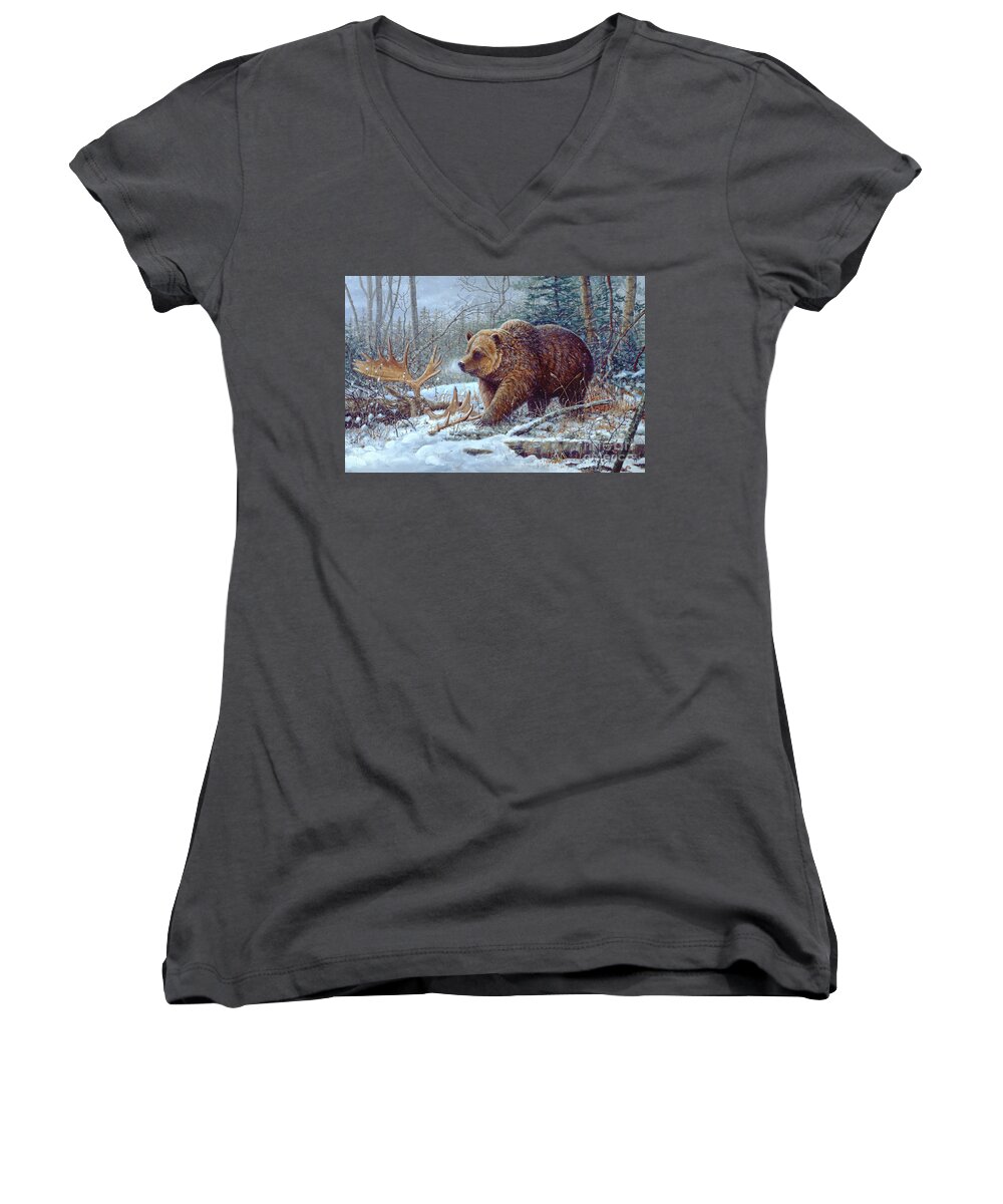 Scott Zoellick Women's V-Neck featuring the painting Grizzly Bear by Scott Zoellick