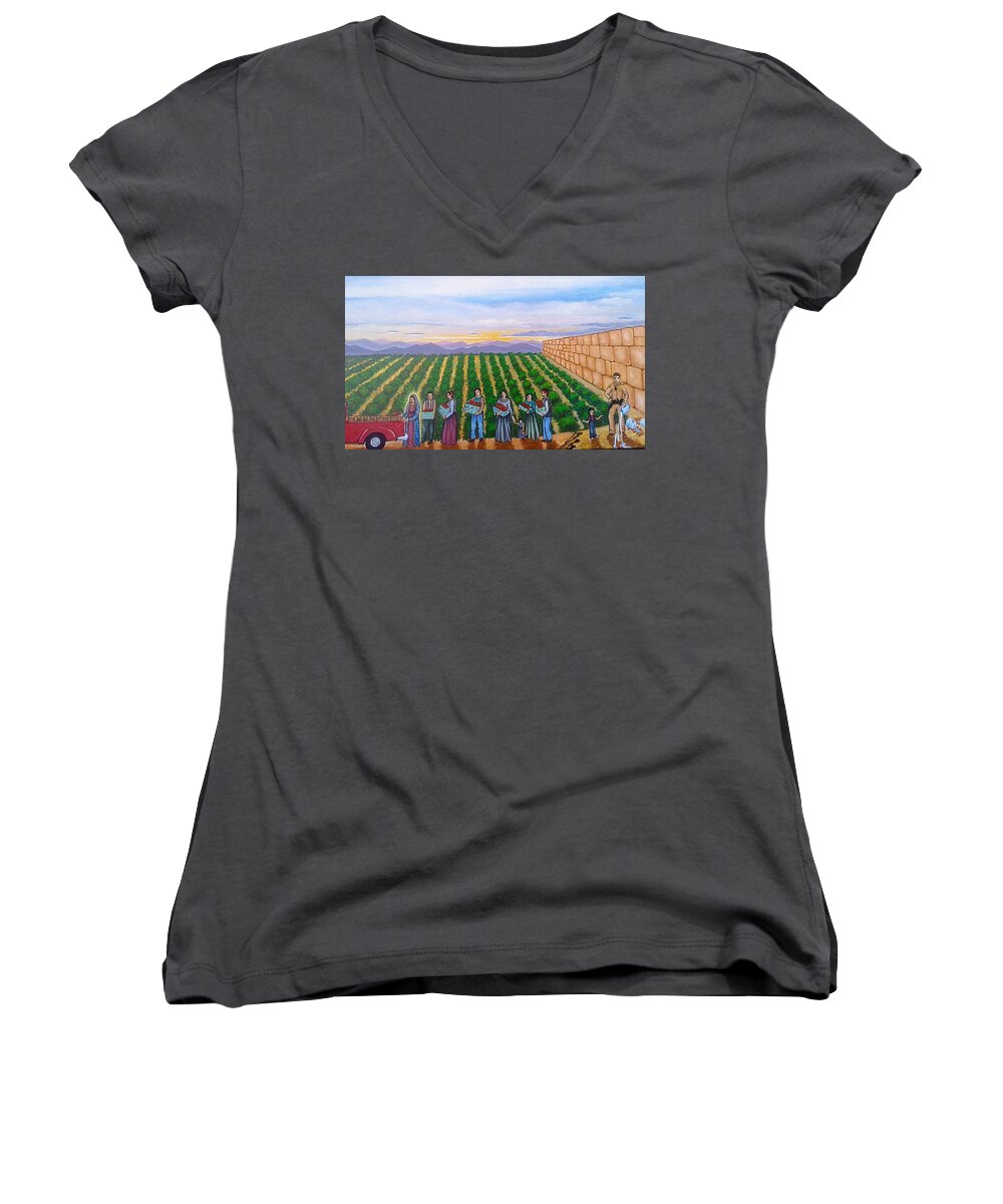 Guadalupe Women's V-Neck featuring the painting Guadalupe is with Them by James RODERICK