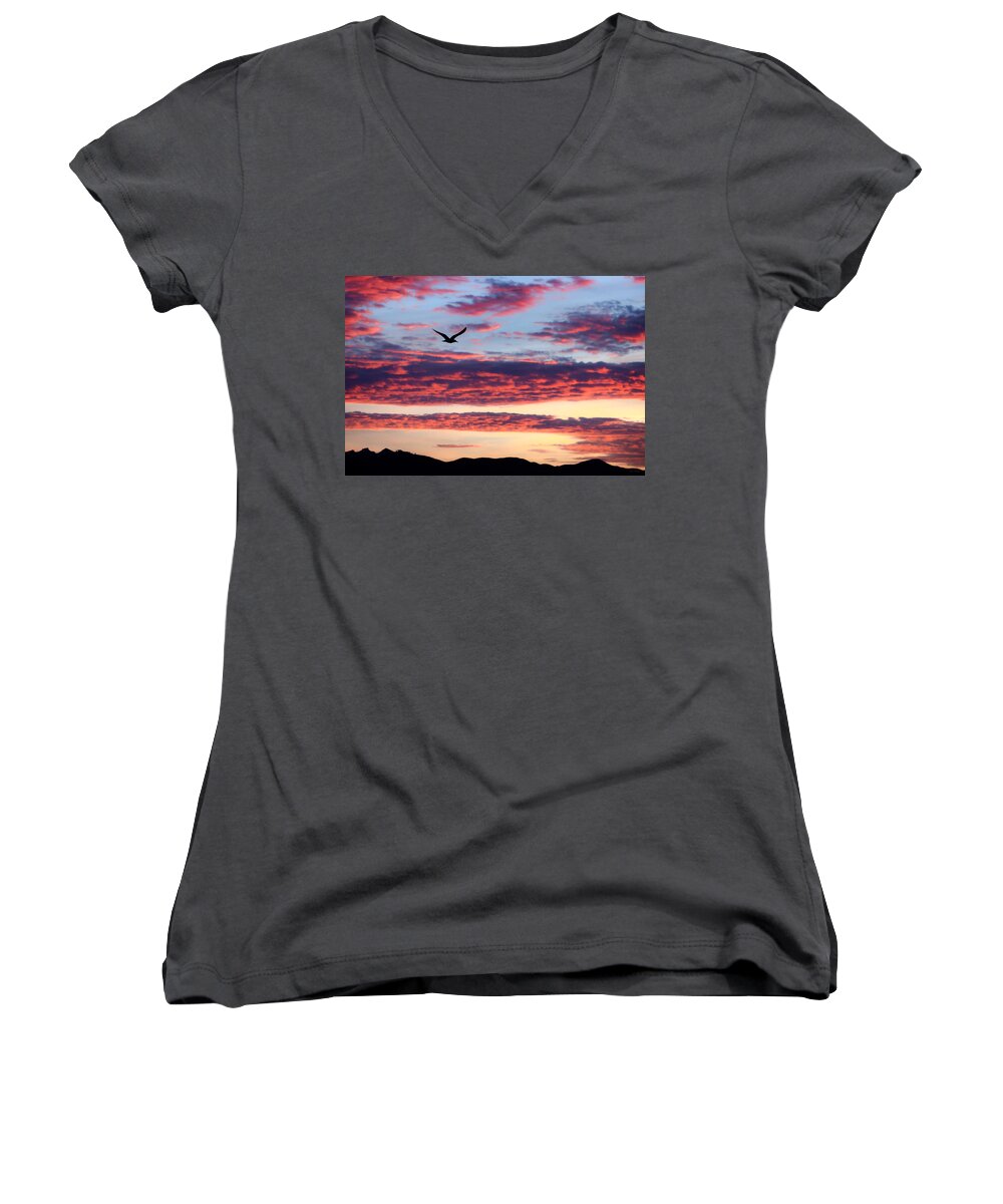 California Women's V-Neck featuring the photograph Gull in Flight at Sunrise by John A Rodriguez