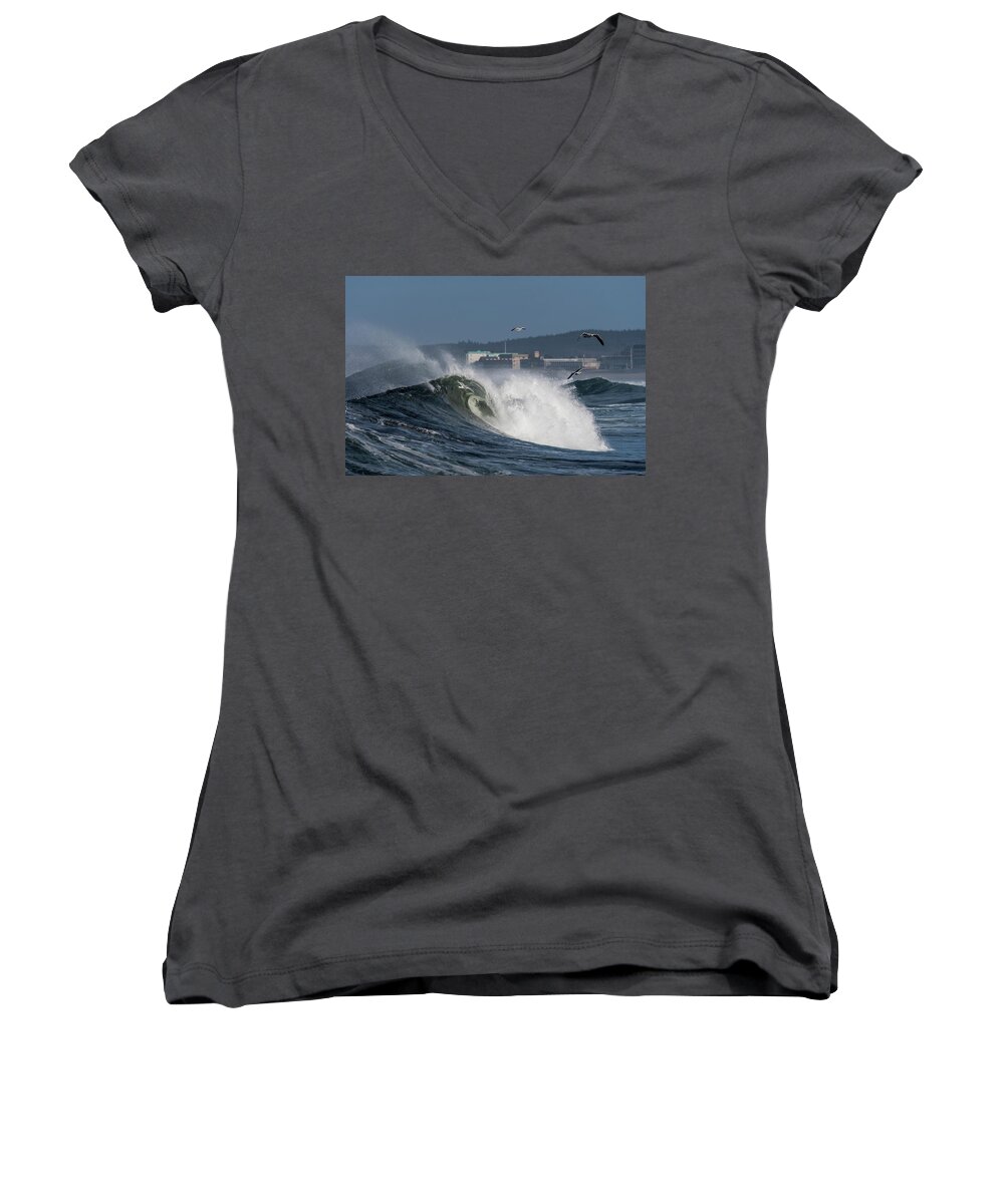 Animals Women's V-Neck featuring the photograph Gulls and Waves by Robert Potts