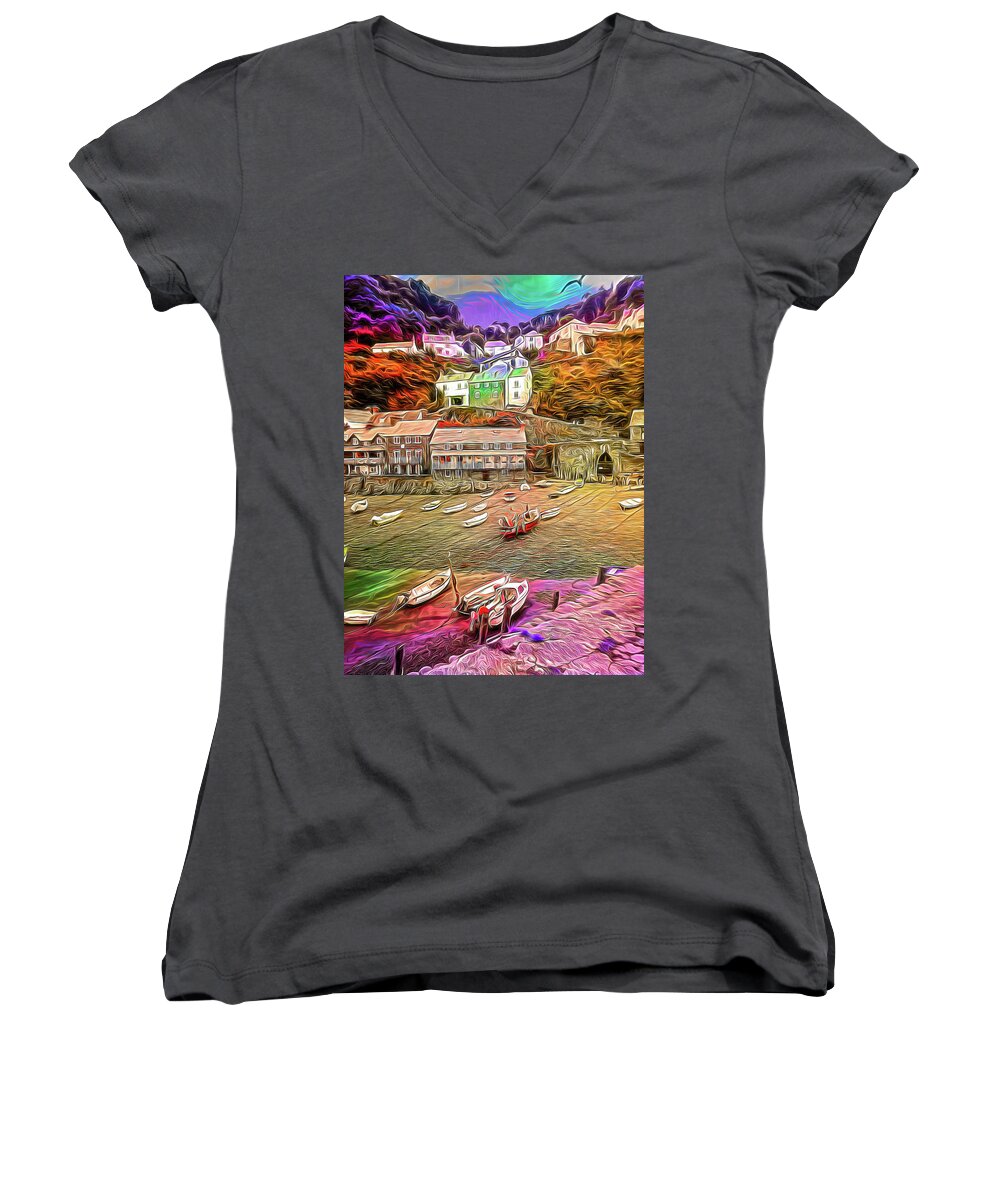 Abstract Women's V-Neck featuring the photograph Harbour with abstract painterly look. by Sue Leonard