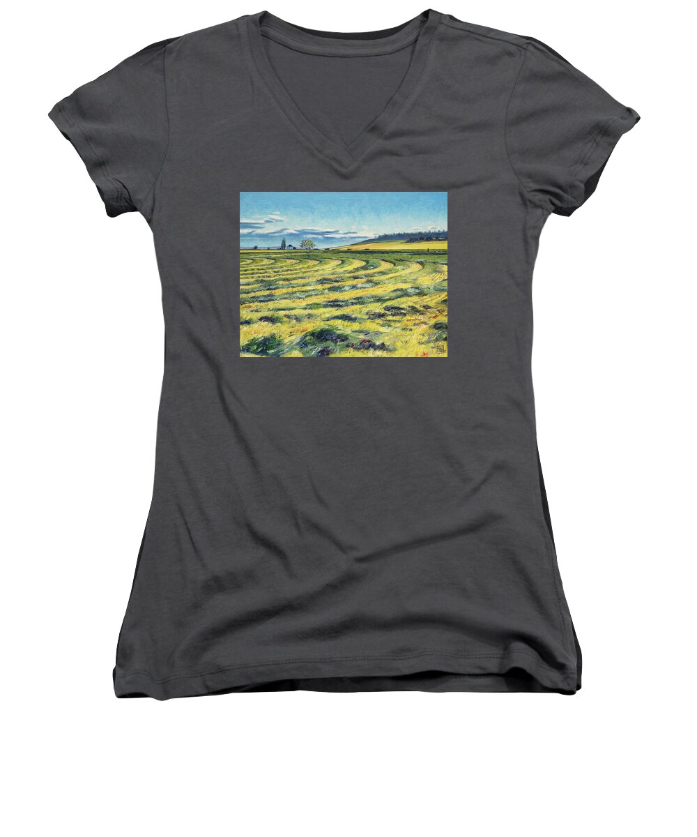 Landscape Women's V-Neck featuring the painting Hay Season by Stacey Neumiller