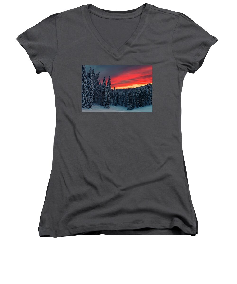 Bulgaria Women's V-Neck featuring the photograph Heavens In Flames by Evgeni Dinev
