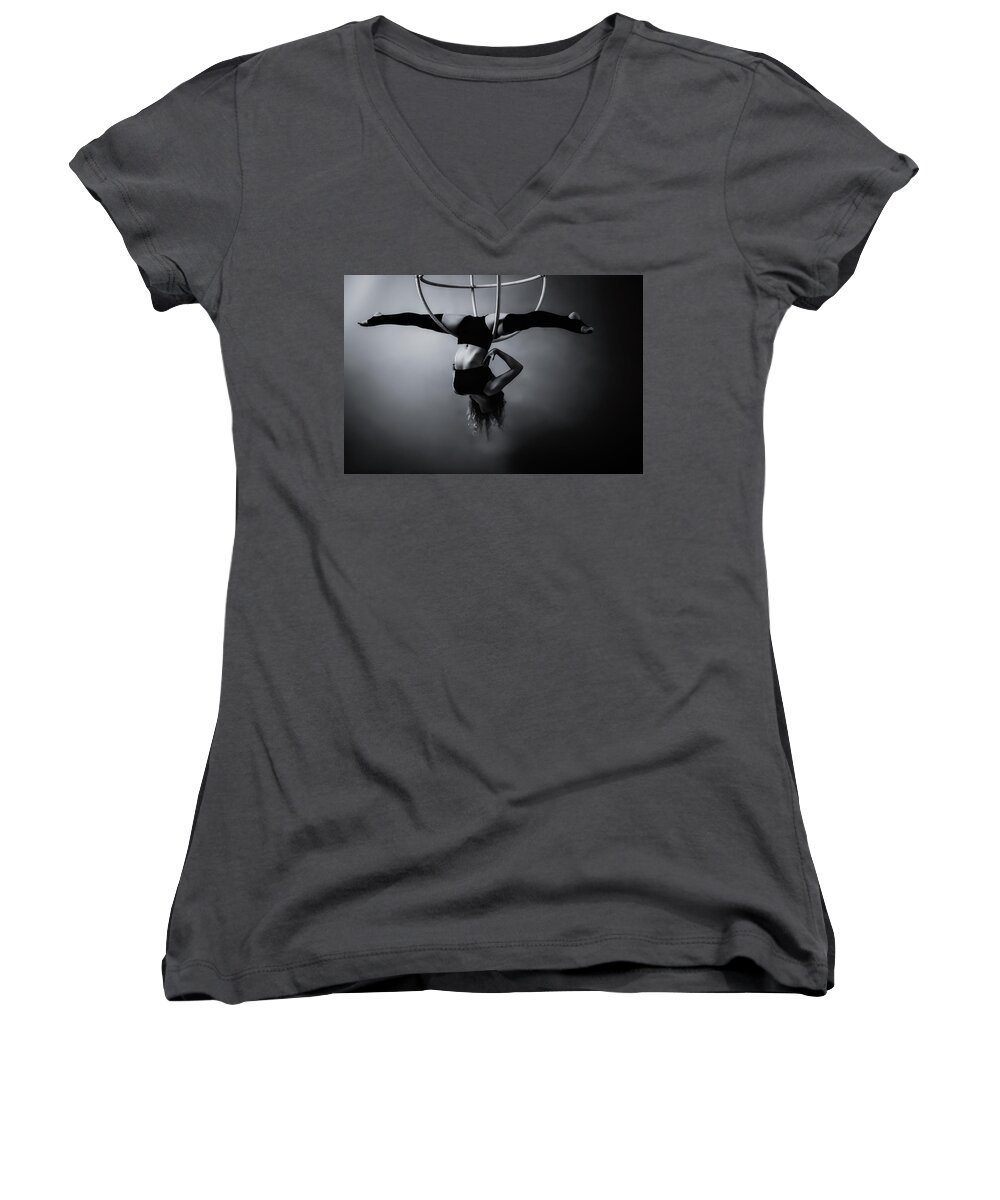Gymnast Women's V-Neck featuring the photograph High and Wide In BnW by Monte Arnold