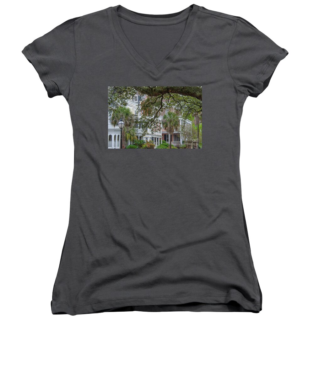Downtown Women's V-Neck featuring the photograph Historic Charleston Charm and Grace by Dale Powell
