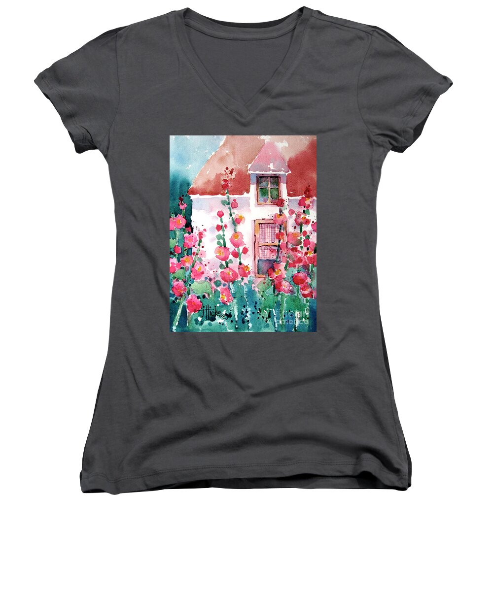 Cottage Women's V-Neck featuring the painting Hollyhock House by Joyce Hicks