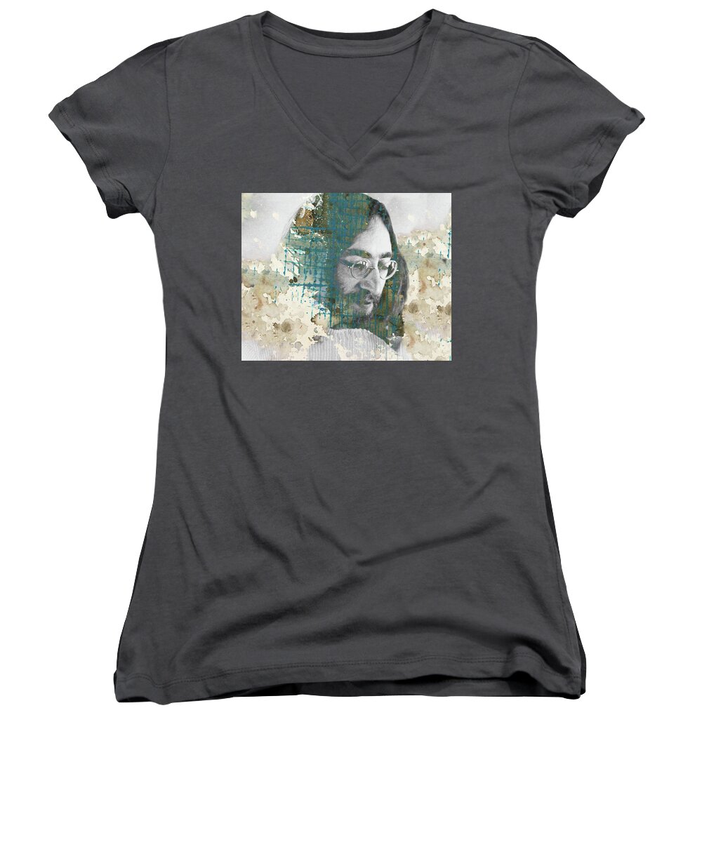 John Lennon Women's V-Neck featuring the mixed media However Distant, Don't Keep Us Apart by Paul Lovering
