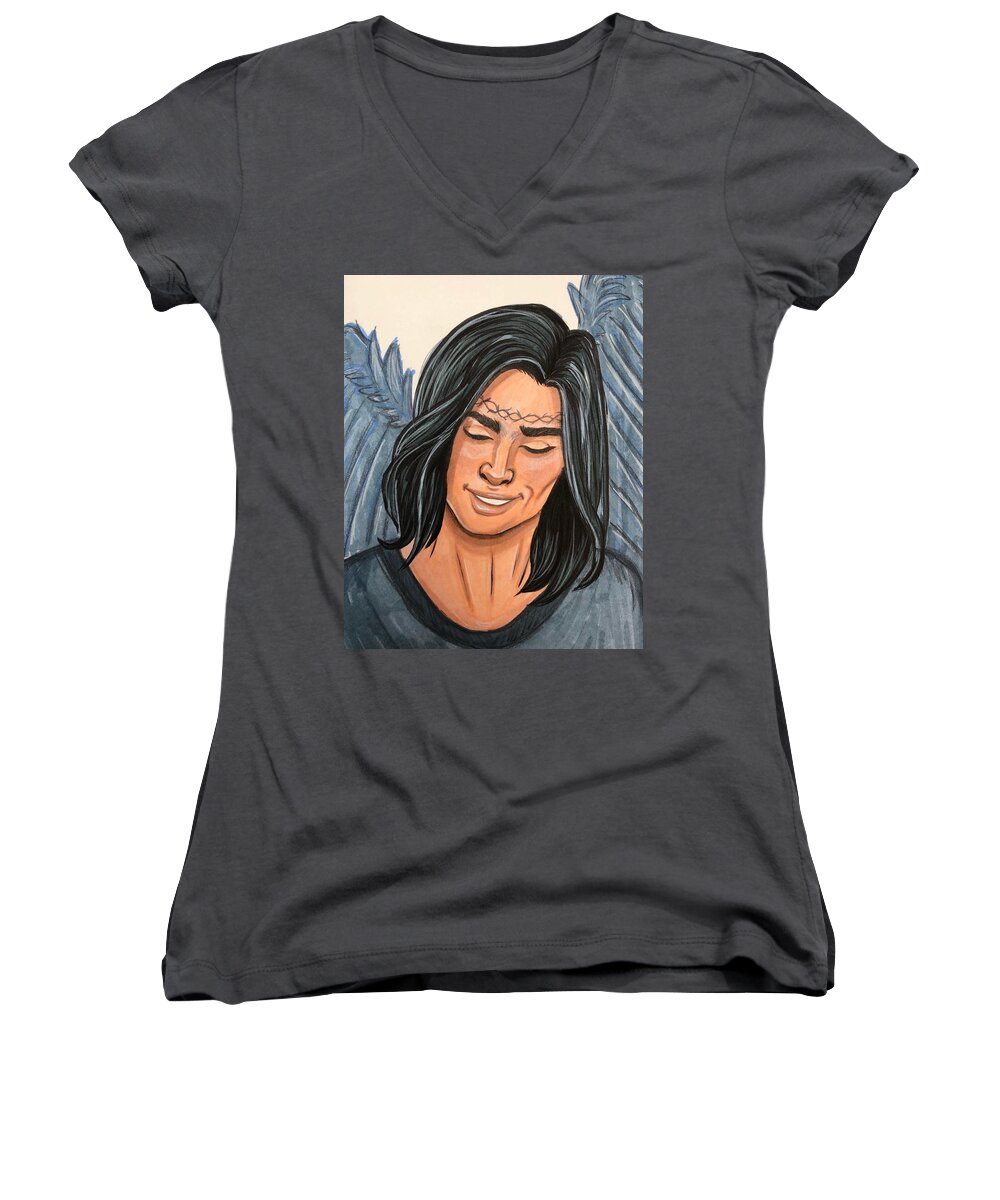 Hunt Women's V-Neck featuring the drawing Hunt by Rebecca Wood
