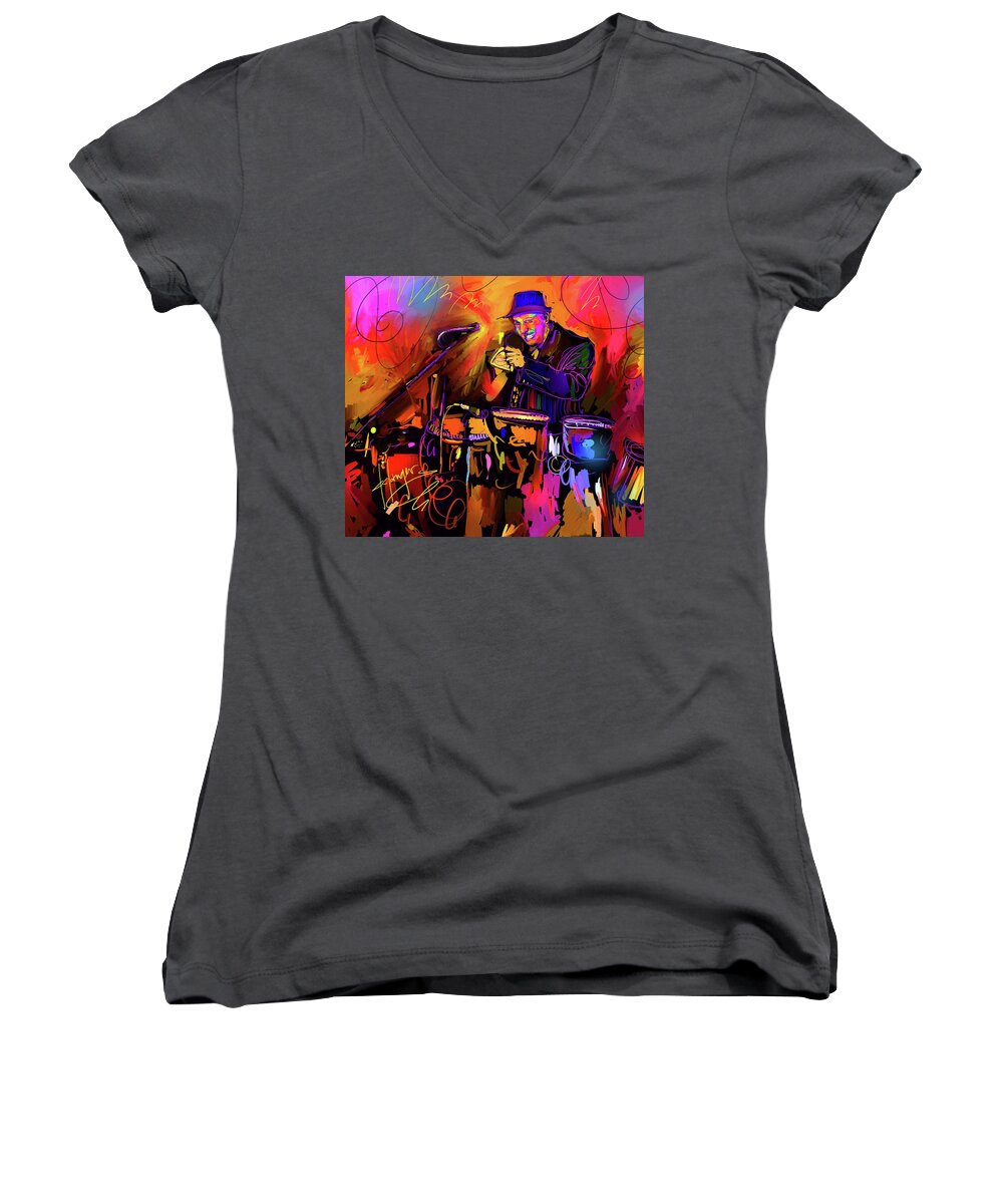 Jorge Bermudez Women's V-Neck featuring the painting In The Percussion Zone by DC Langer