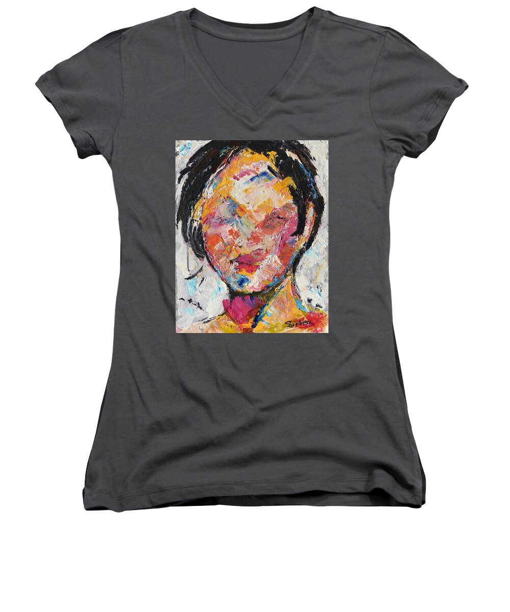 Portrait Women's V-Neck featuring the painting Incognito by Sharon Sieben