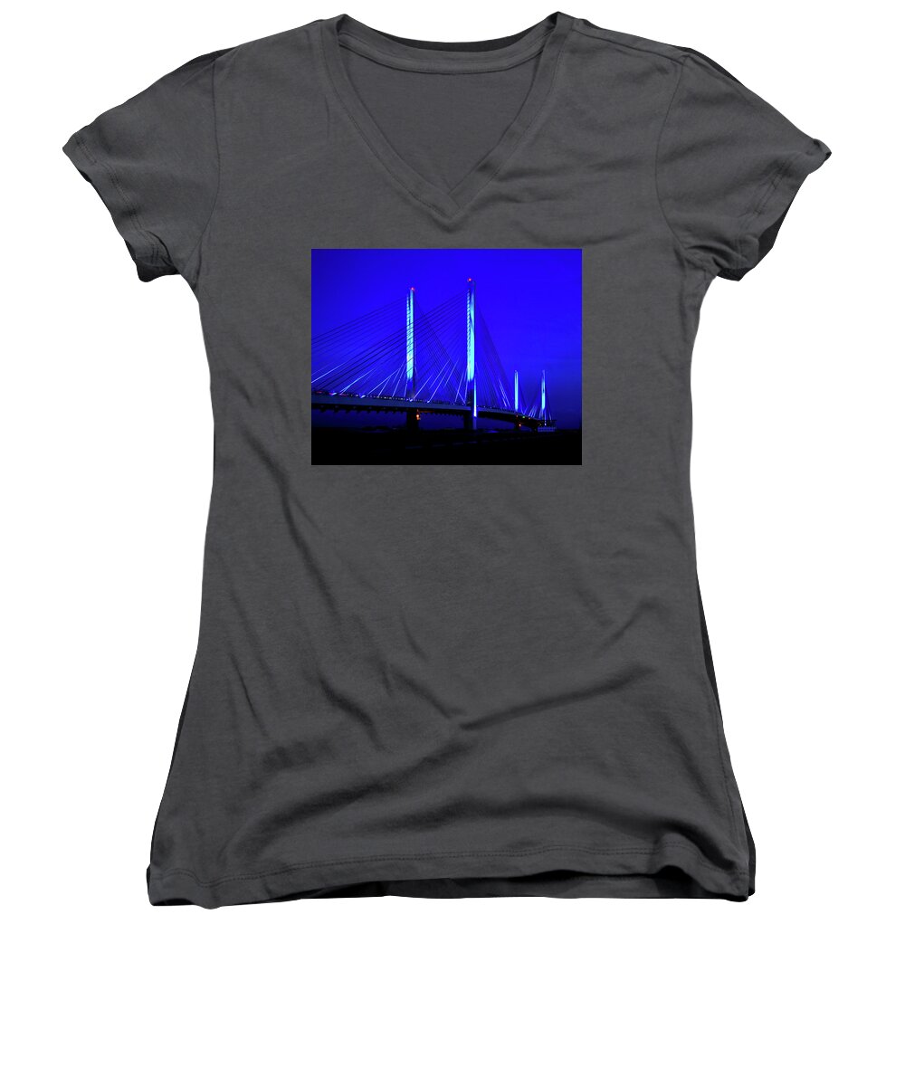 Indian River Bridge Women's V-Neck featuring the photograph Indian River Bridge at Night by Bill Swartwout
